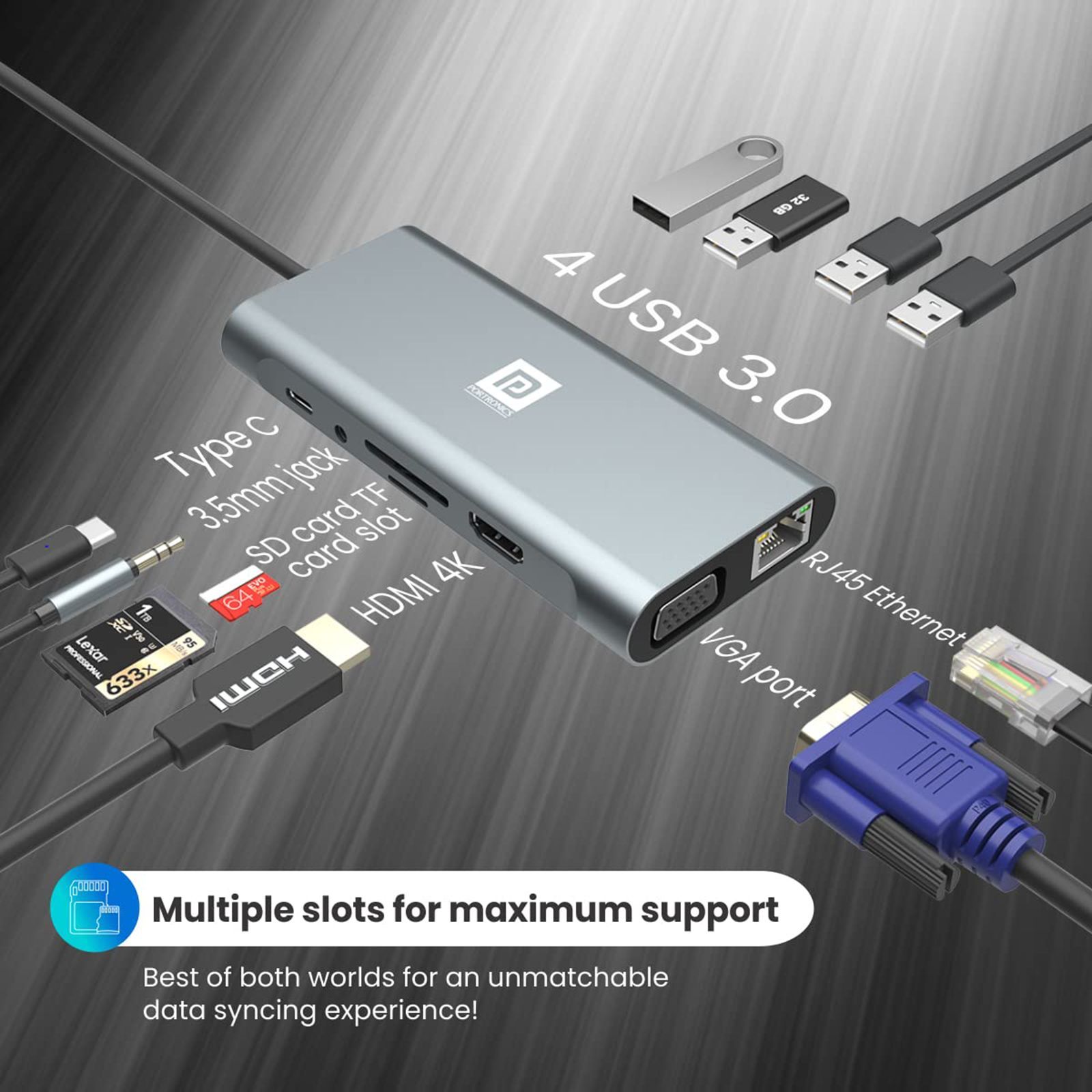 PORTRONICS Mport 11C 11-in-1 USB Type C to USB Type C, USB 3.0 Type A, LAN Port, 3.5mm Stereo, SD Card Slot, TF Card, VGA Port, HDMI Multi-Port Hub (Up to 10 Gbps Data Transfer, Grey)_9