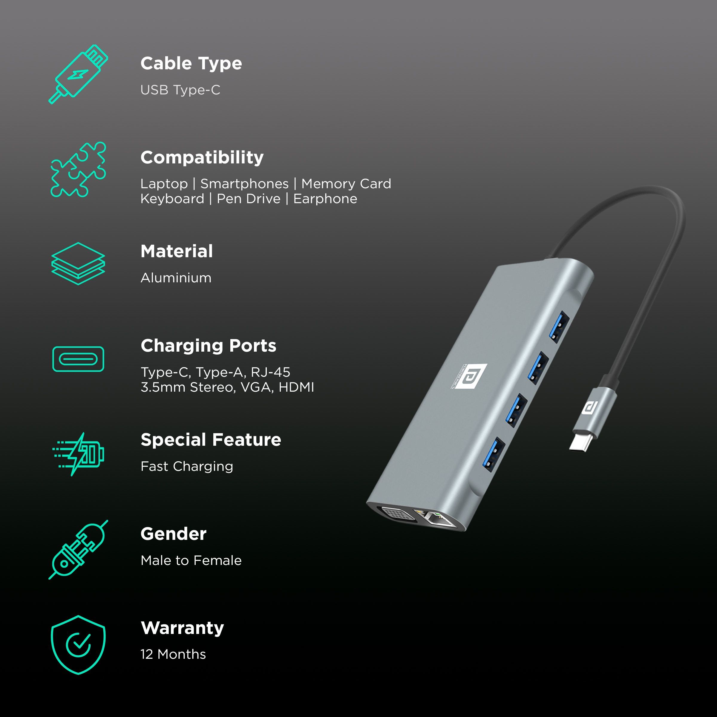 PORTRONICS Mport 11C 11-in-1 USB Type C to USB Type C, USB 3.0 Type A, LAN Port, 3.5mm Stereo, SD Card Slot, TF Card, VGA Port, HDMI Multi-Port Hub (Up to 10 Gbps Data Transfer, Grey)_2