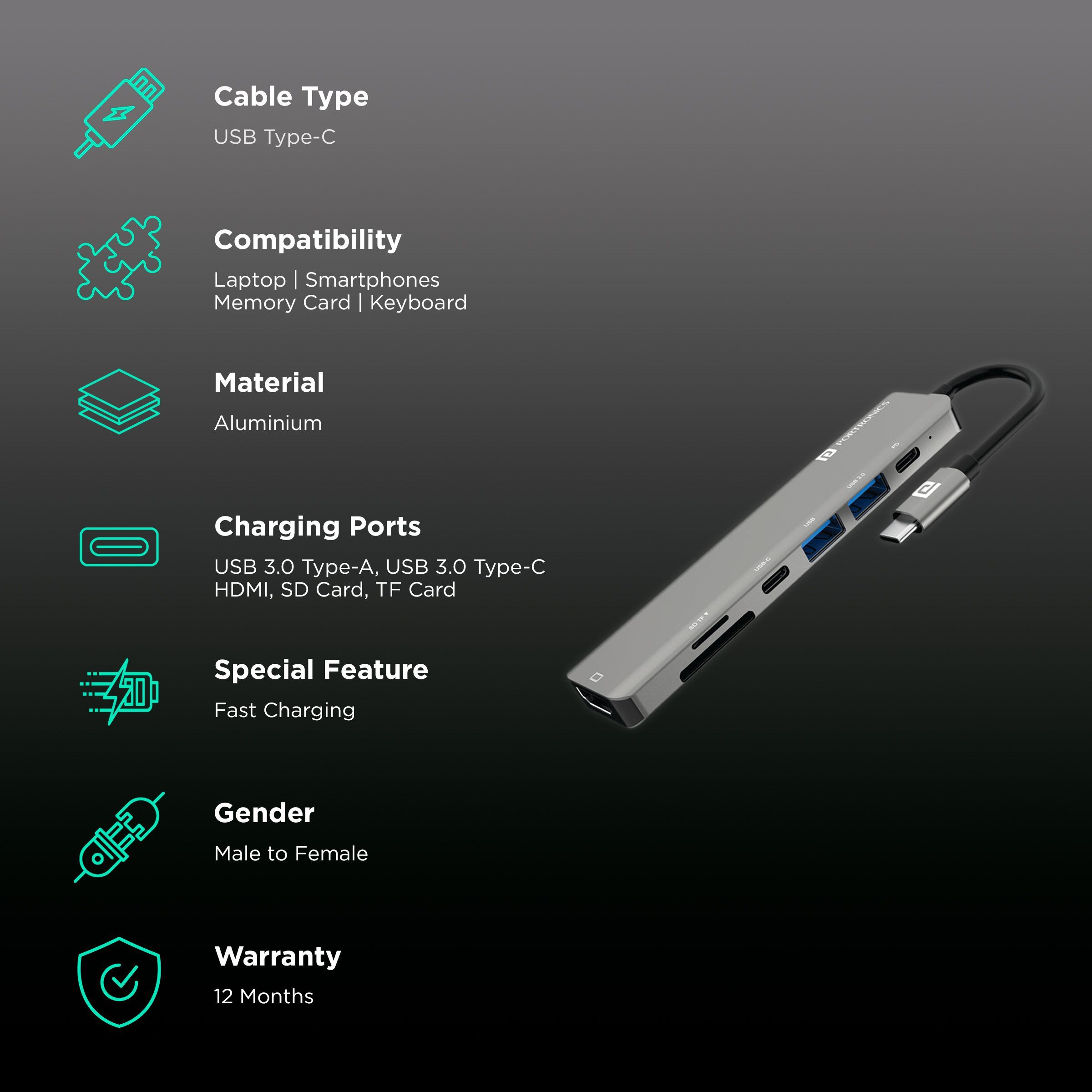 PORTRONICS Mport 52 7-in-1 USB Type C to USB 3.0 Type A, USB 3.0 Type C, HDMI, SD Card Slot, TF Card Multi-Port Hub (Up to 10 Gbps Data Transfer, Grey) PORTRONICS Mport 52 7-in-1 USB Type C to USB 3.0 Type A, USB 3.0 Type C, HDMI, SD Card Slot, TF Card Multi-Port Hub (Up to 10 Gbps Data Transfer, Grey)_2