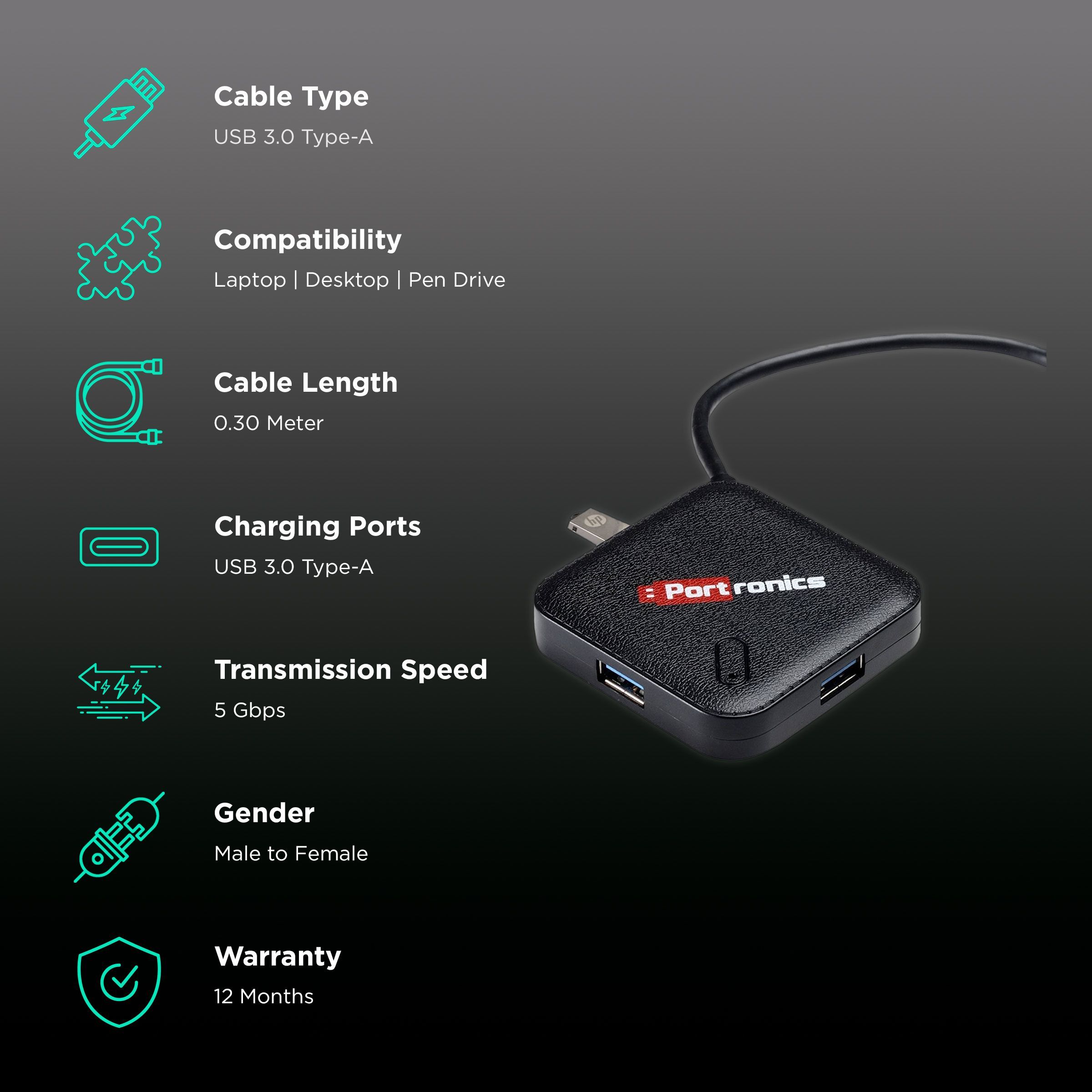 PORTRONICS Mport 34 USB 3.0 Type A to USB 3.0 Type A USB Hub (Up to 5 Gbps Data Transfer, Black) PORTRONICS Mport 34 USB 3.0 Type A to USB 3.0 Type A USB Hub (Up to 5 Gbps Data Transfer, Black)_2