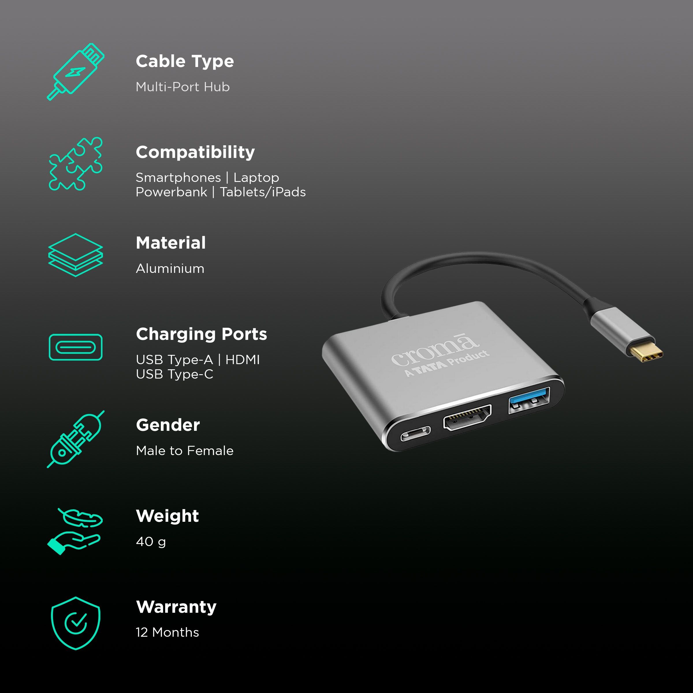 Croma USB 3.0 Type C to USB 3.0 Type C, USB 3.0 Type A, HDMI Type A Multi-Port Hub (5 Gbps Data Transfer Rate, Grey) Croma USB 3.0 Type C to USB 3.0 Type C, USB 3.0 Type A, HDMI Type A Multi-Port Hub (5 Gbps Data Transfer Rate, Grey)_2