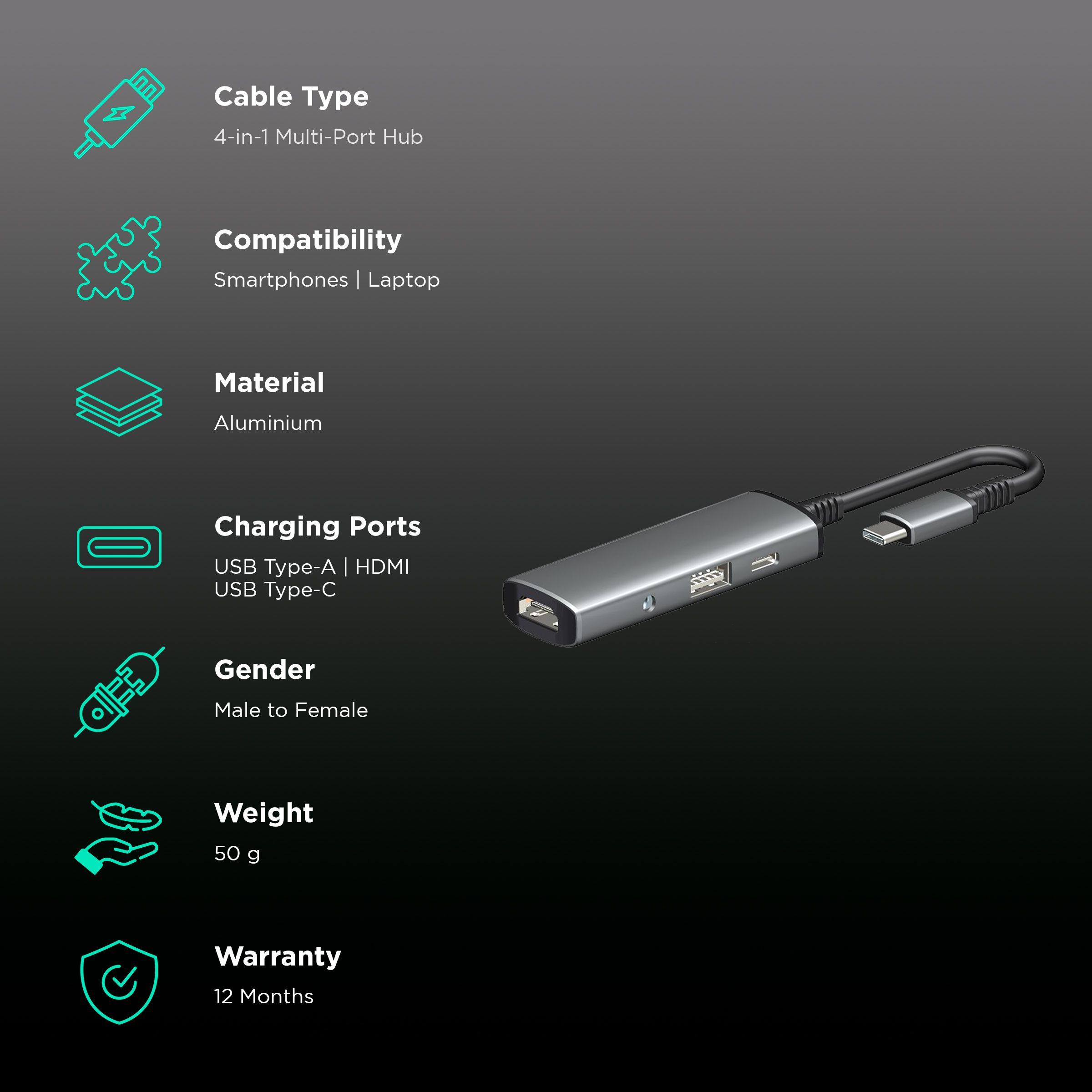 Croma 4-in-1 USB 3.0 Type C to USB 3.0 Type A, 3.5mm Stereo, HDMI Type A, USB 3.0 Type C Multi-Port Hub (5 GbpsData Transfer Rate, Grey) Croma 4-in-1 USB 3.0 Type C to USB 3.0 Type A, 3.5mm Stereo, HDMI Type A, USB 3.0 Type C Multi-Port Hub (5 GbpsData Transfer Rate, Grey)_2