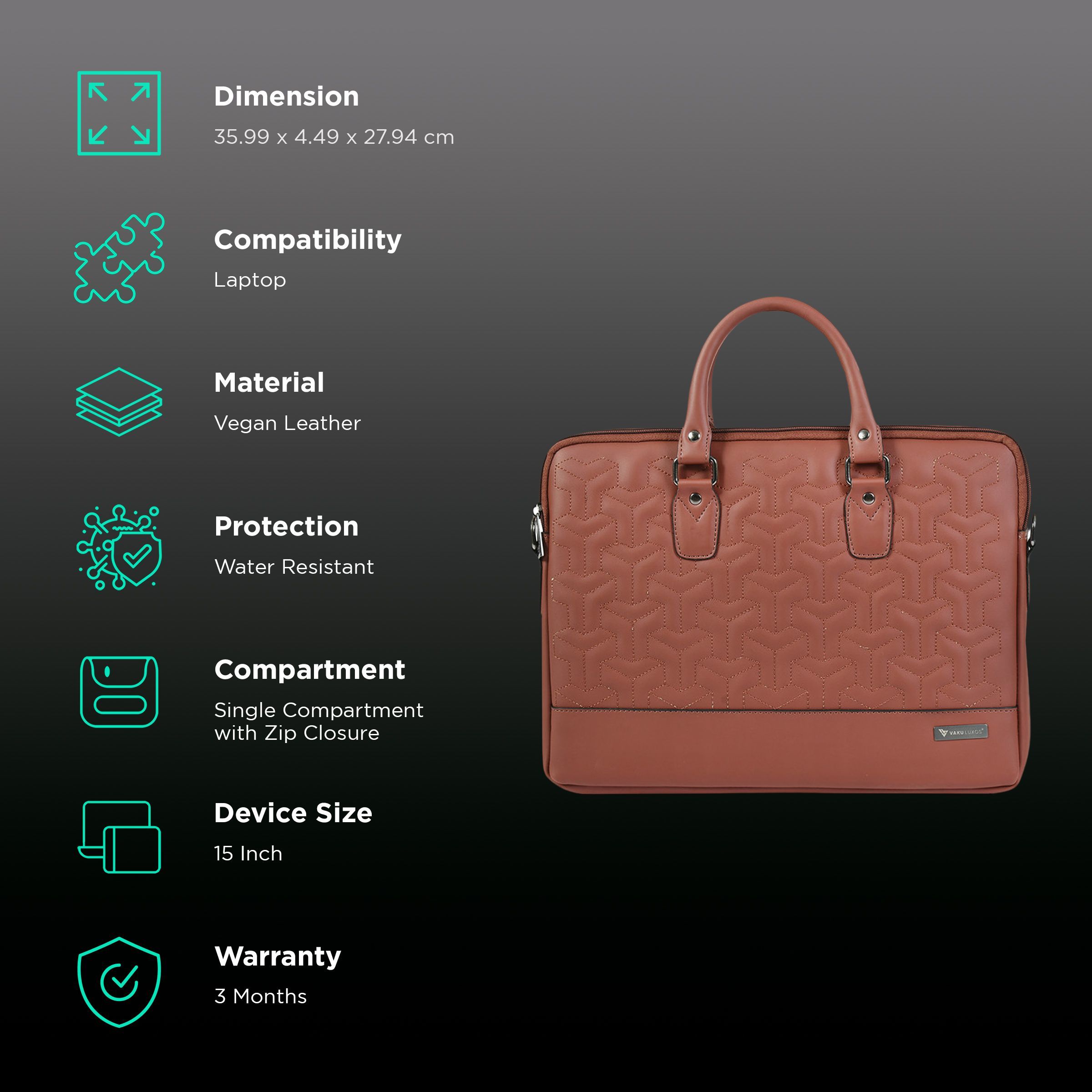 Dr. Vaku Ramona Vegan Leather Laptop Sling Bag for 15 Inch Laptop (Water Resistant, Tan Brown)_3