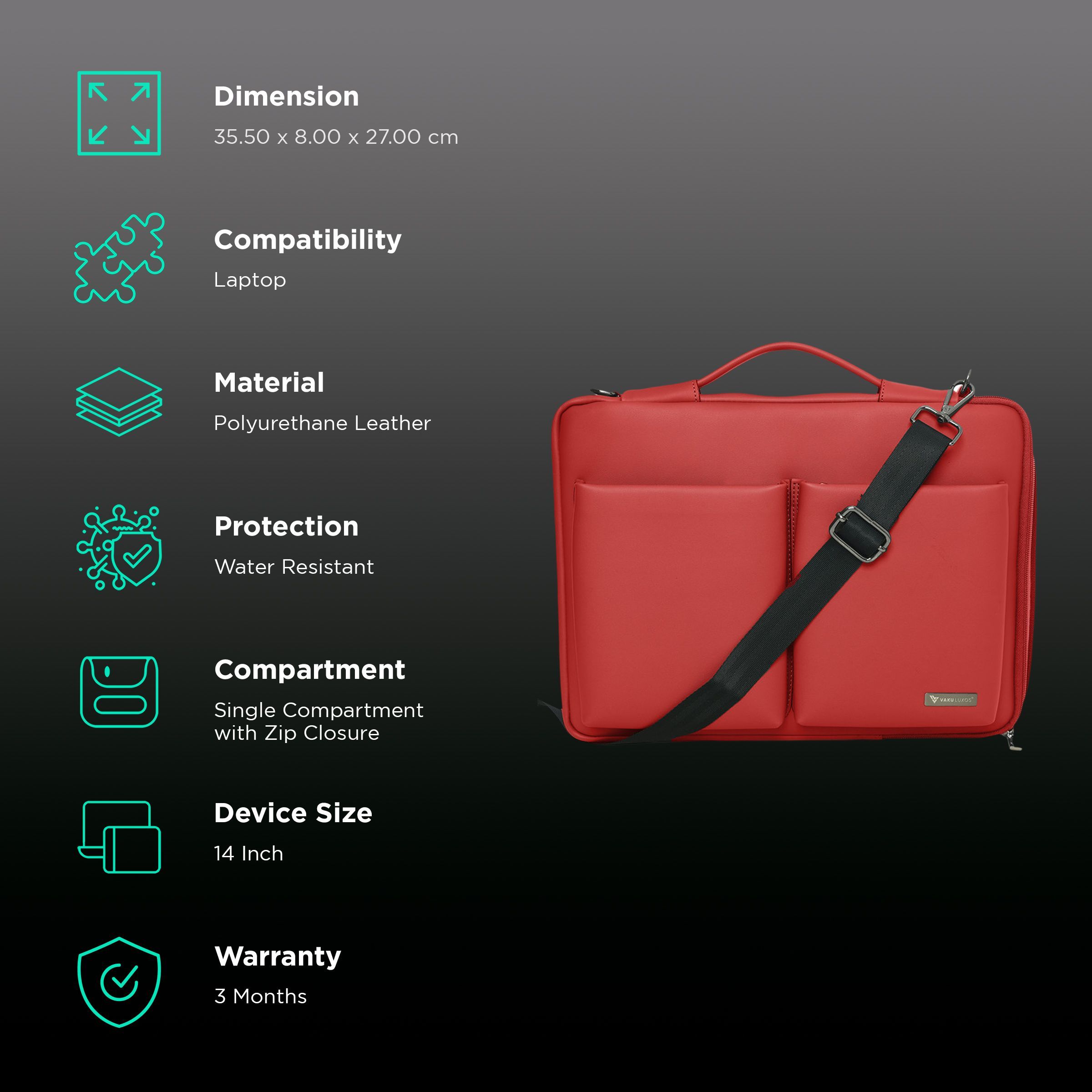 Dr. Vaku Mestella Polyurethane Leather Laptop Sling Bag for 14 Inch Laptop (Water Resistant, Red)_2