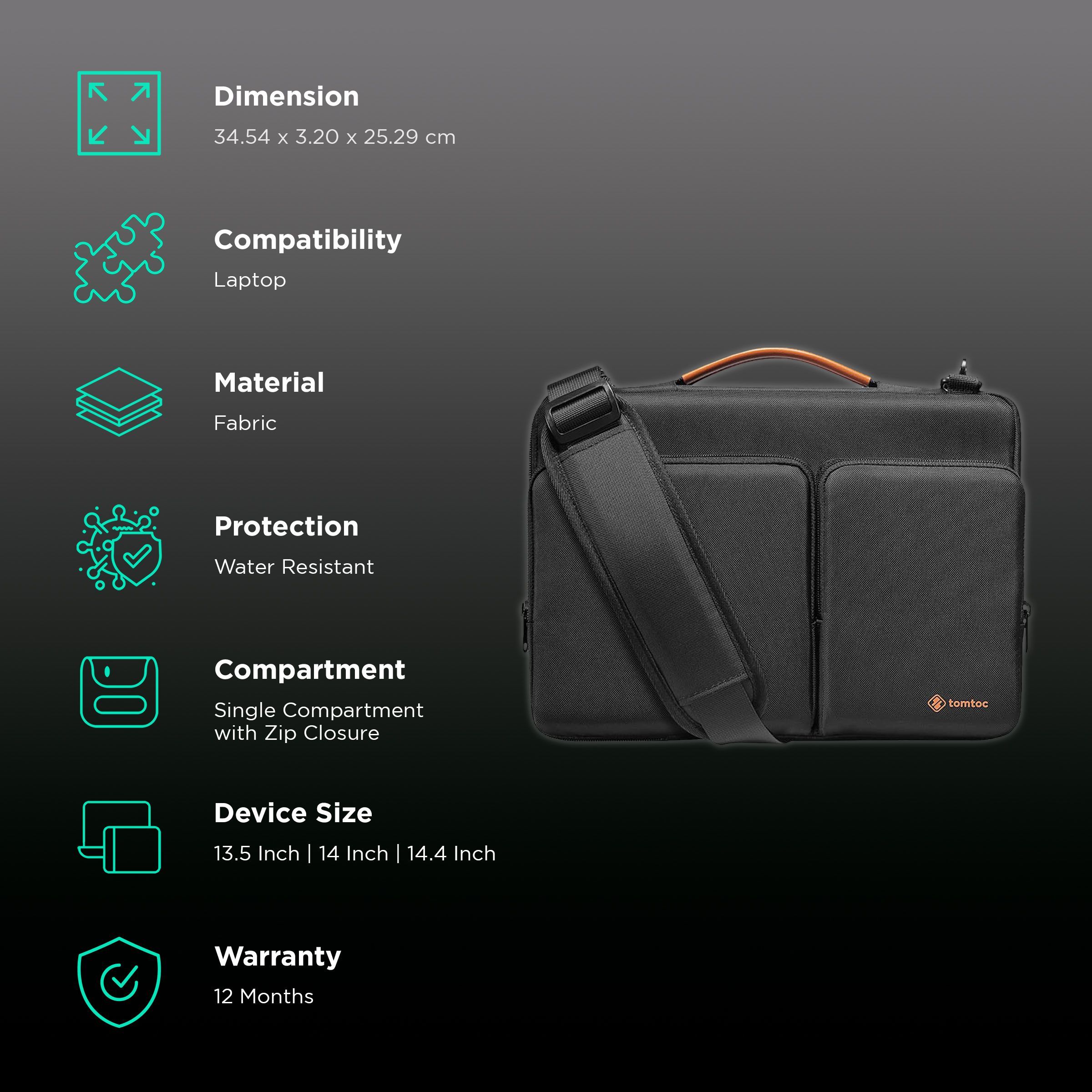tomtoc Defender Fabric Laptop Sling Bag for 13.5, 14 & 14.4 Inch Laptop (Water Resistant, Black)_2