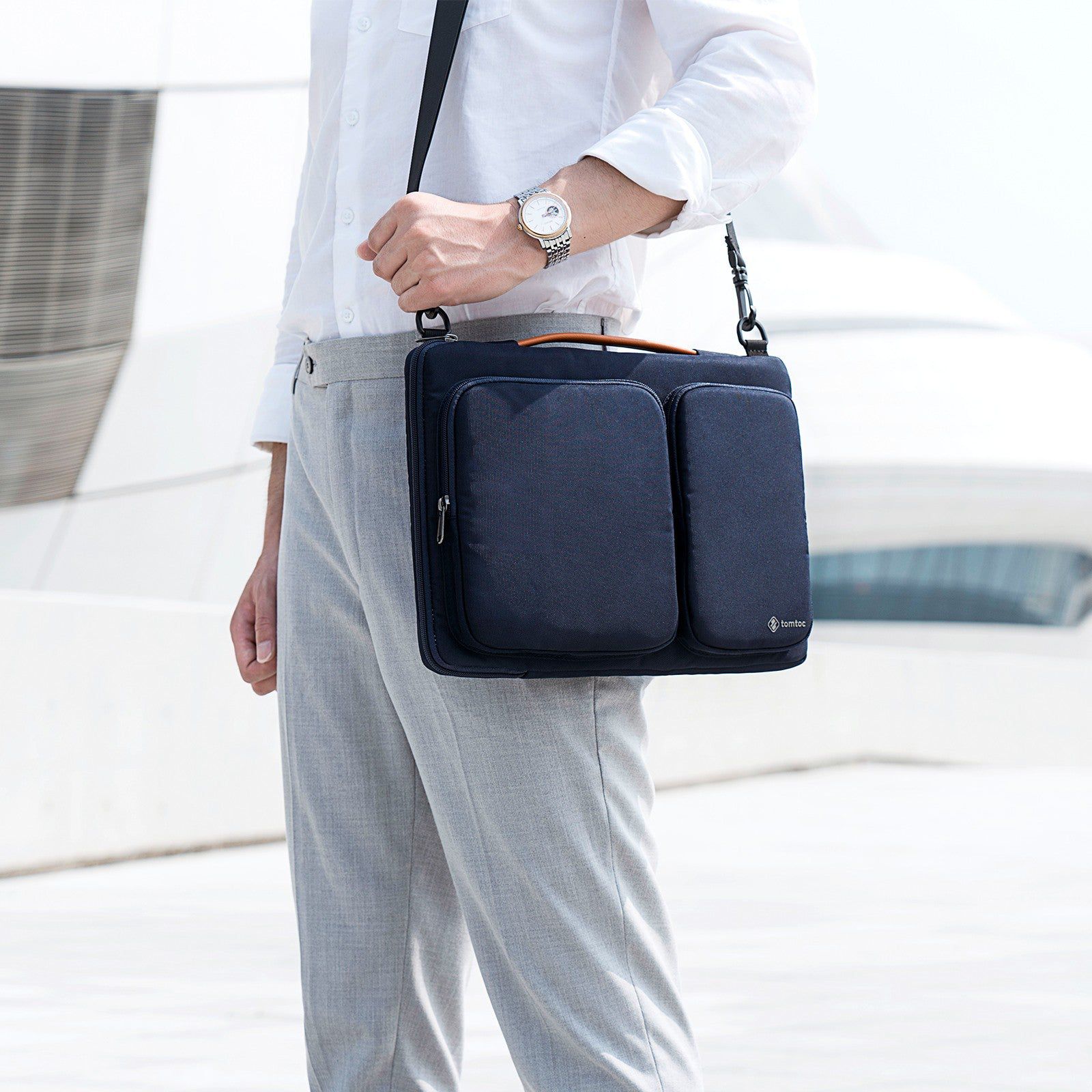 tomtoc Defender Fabric Laptop Sling Bag for 15.6 Inch Laptop (Water Resistant, Navy Blue)_11