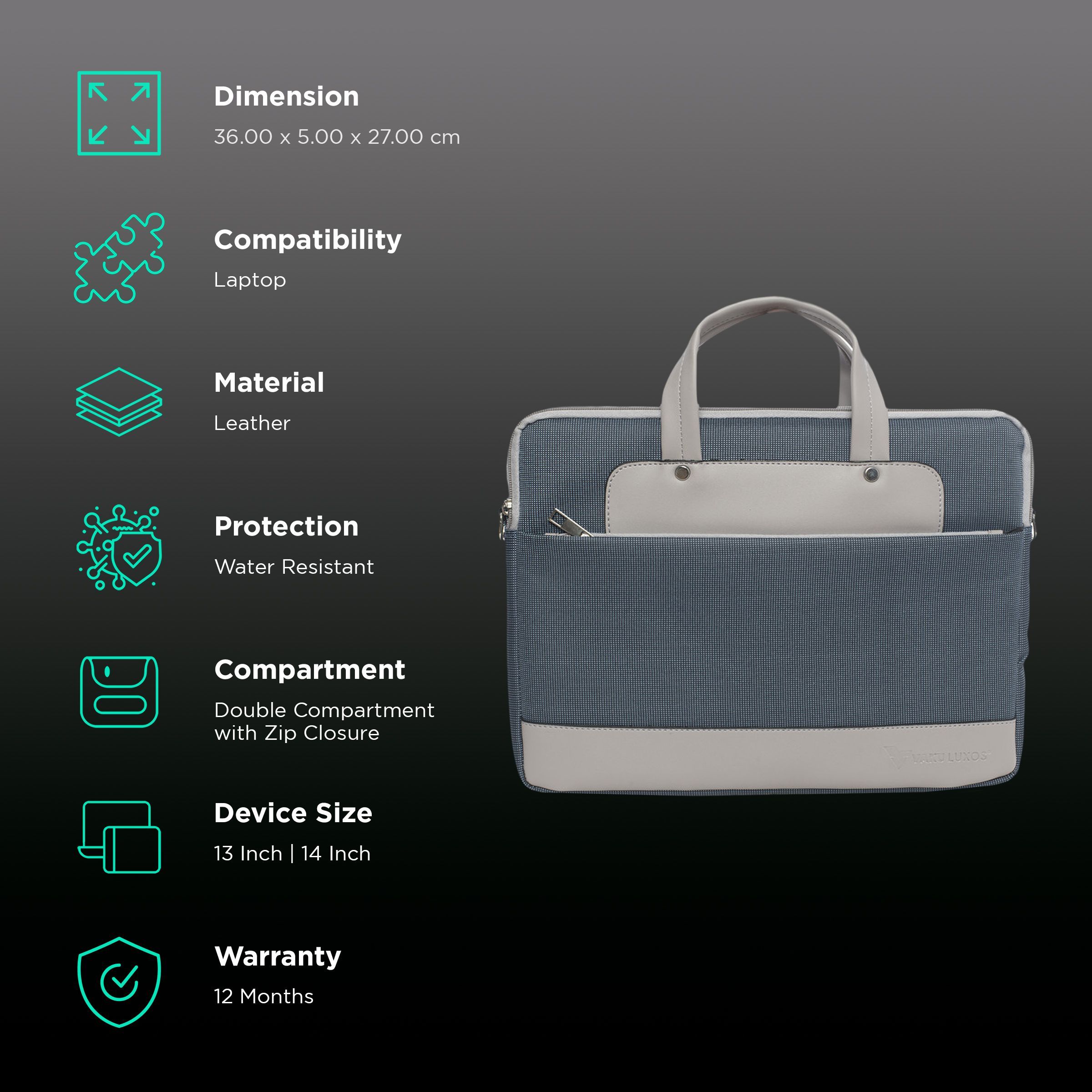 Dr. Vaku DA SALERNO Leather Laptop Sling Bag for 13 & 14 Inch Laptop (Water Resistant, Blue/Gold)_3