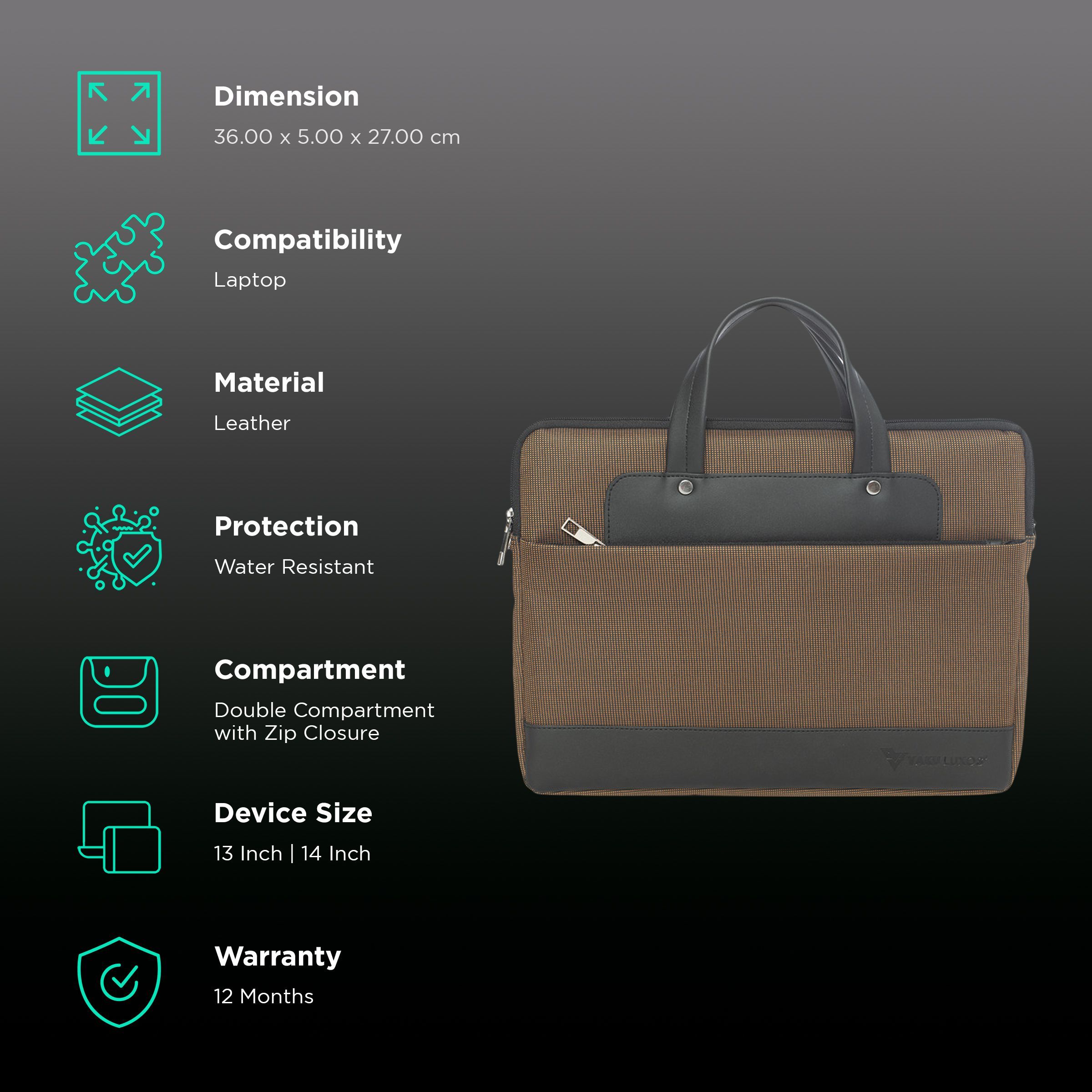 Dr. Vaku DA SALERNO Leather Laptop Sling Bag for 13 & 14 Inch Laptop (Water Resistant, Brown/Black)_3