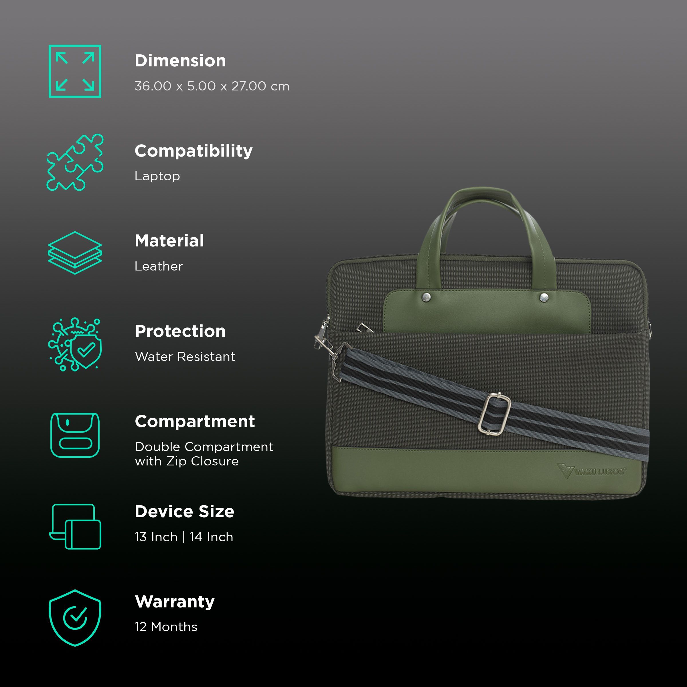 Dr. Vaku DA SALERNO Leather Laptop Sling Bag for 13 & 14 Inch Laptop (Water Resistant, Green)_3