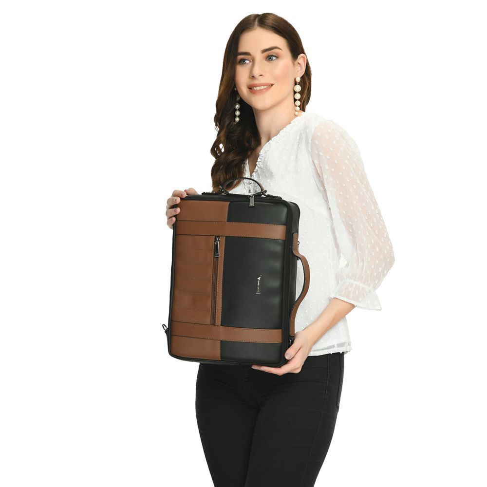 Dr. Vaku Barcelona Polyurethane Leather Laptop Sling Bag for 14 Inch Laptop (Water Resistant, Black/Camel)_6