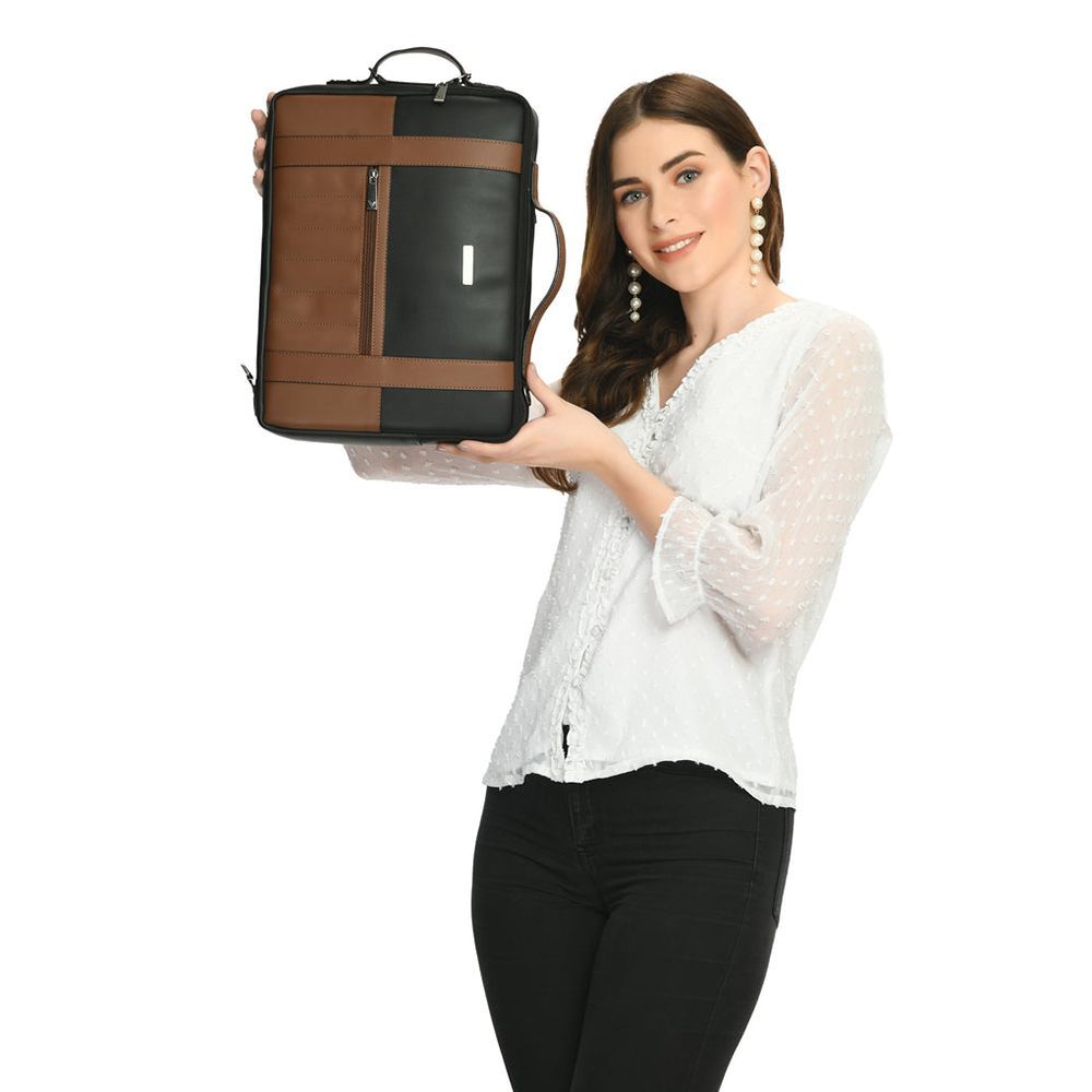 Dr. Vaku Barcelona Polyurethane Leather Laptop Sling Bag for 14 Inch Laptop (Water Resistant, Black/Camel)_8