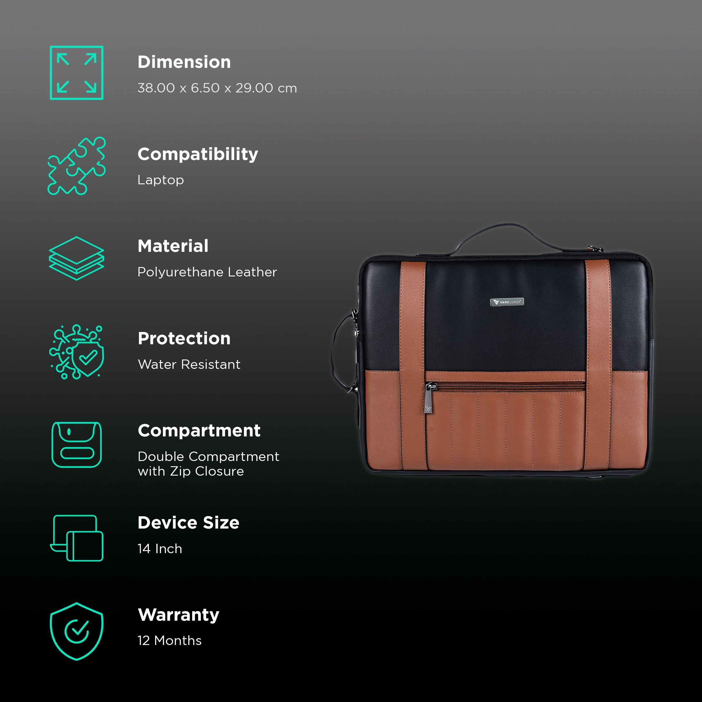 Dr. Vaku Barcelona Polyurethane Leather Laptop Sling Bag for 14 Inch Laptop (Water Resistant, Black/Camel)_3