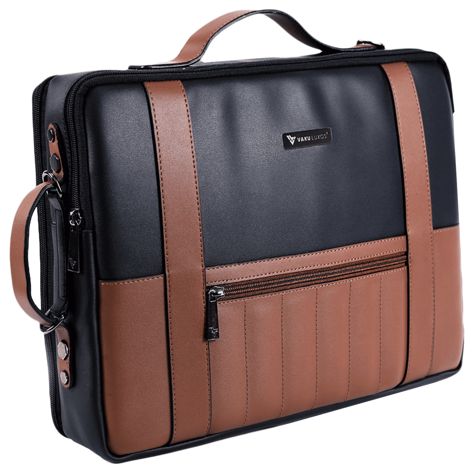 Dr. Vaku Barcelona Polyurethane Leather Laptop Sling Bag for 14 Inch Laptop (Water Resistant, Black/Camel)_4