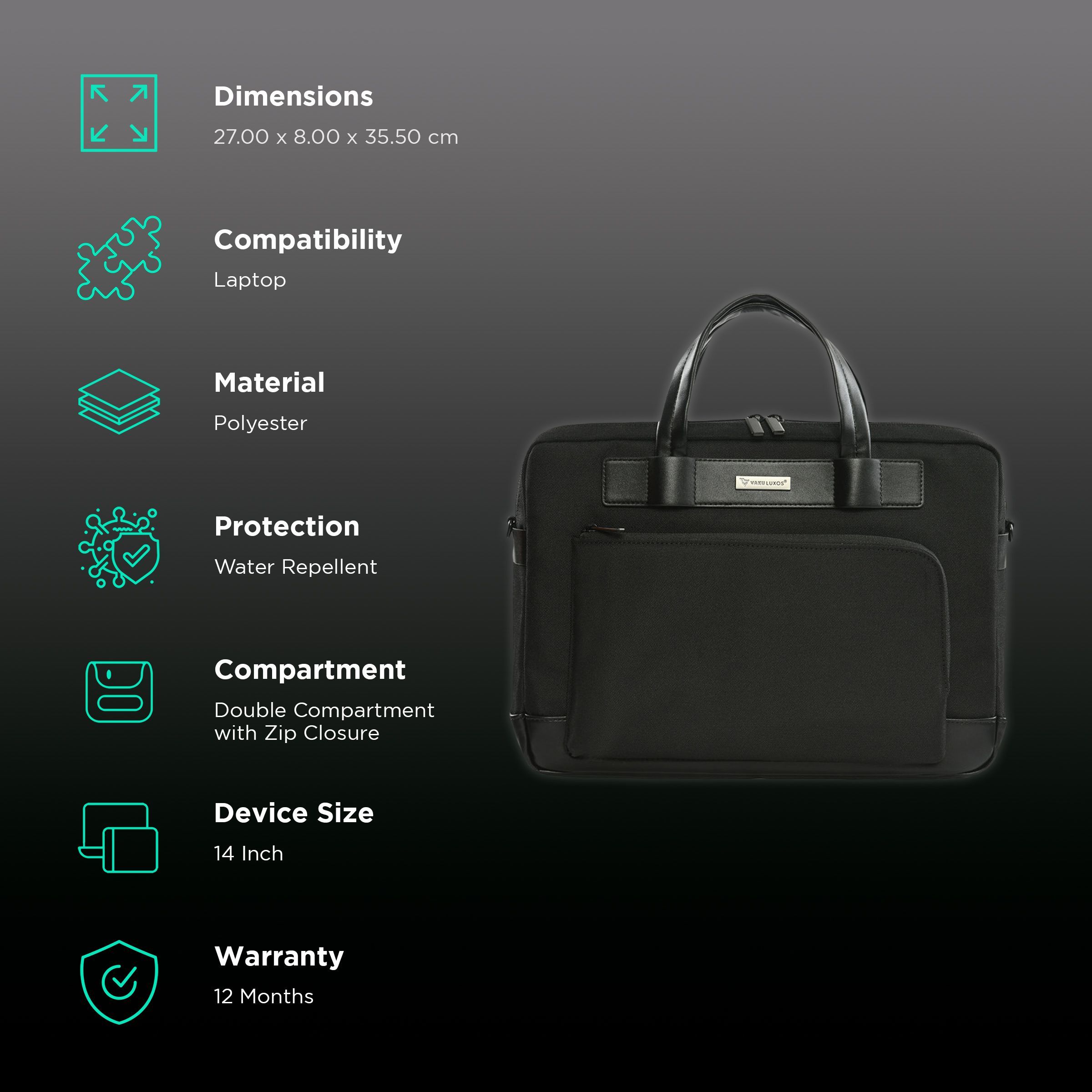 Dr. Vaku Mateo Series Polyester Fabric Laptop Sleeve for 14 Inch Laptop (6 L, Waterproof, Black)_2