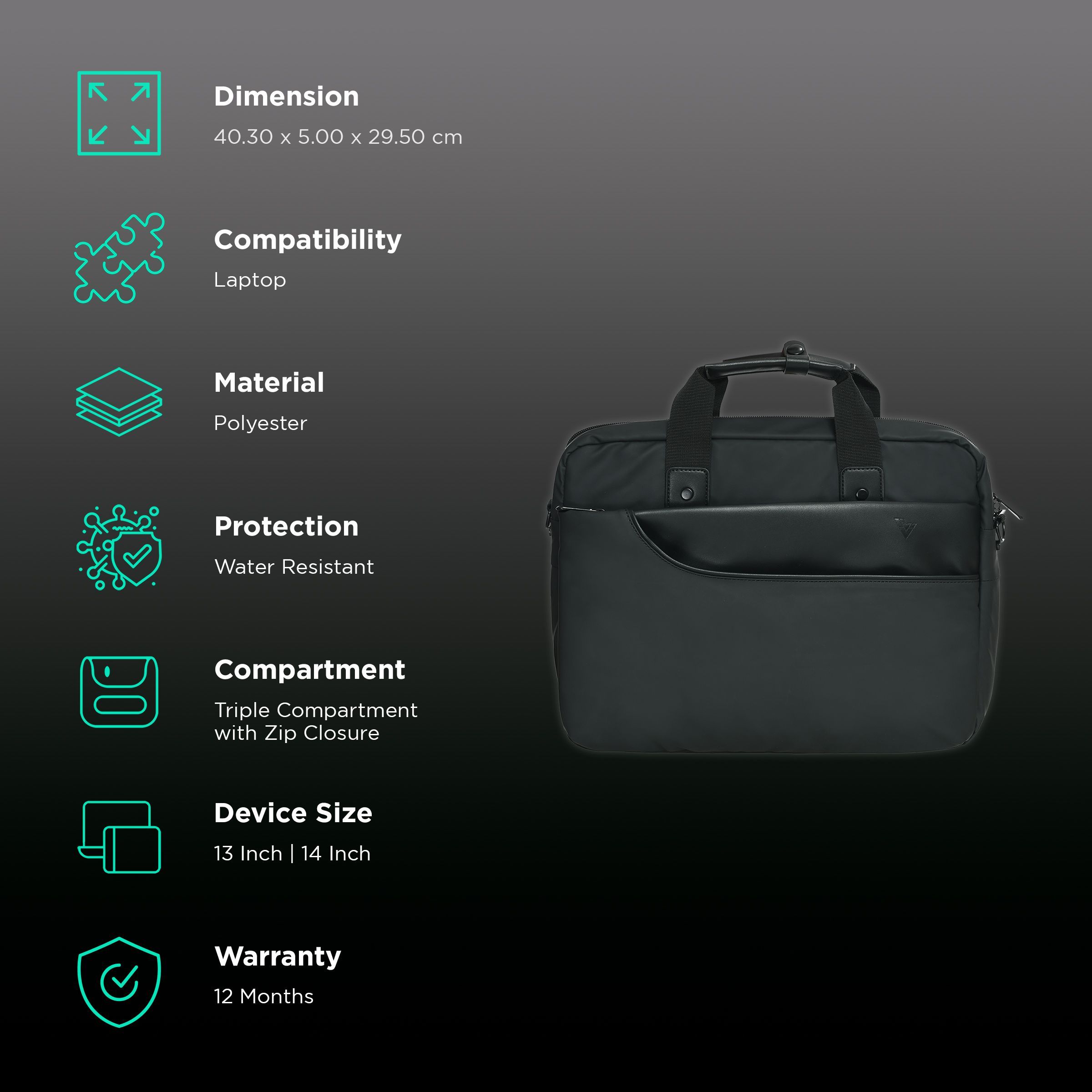 Dr. Vaku CALISTA Polyester Laptop Sling Bag for 13 & 14 Inch Laptop (Water Resistant, Black)_3