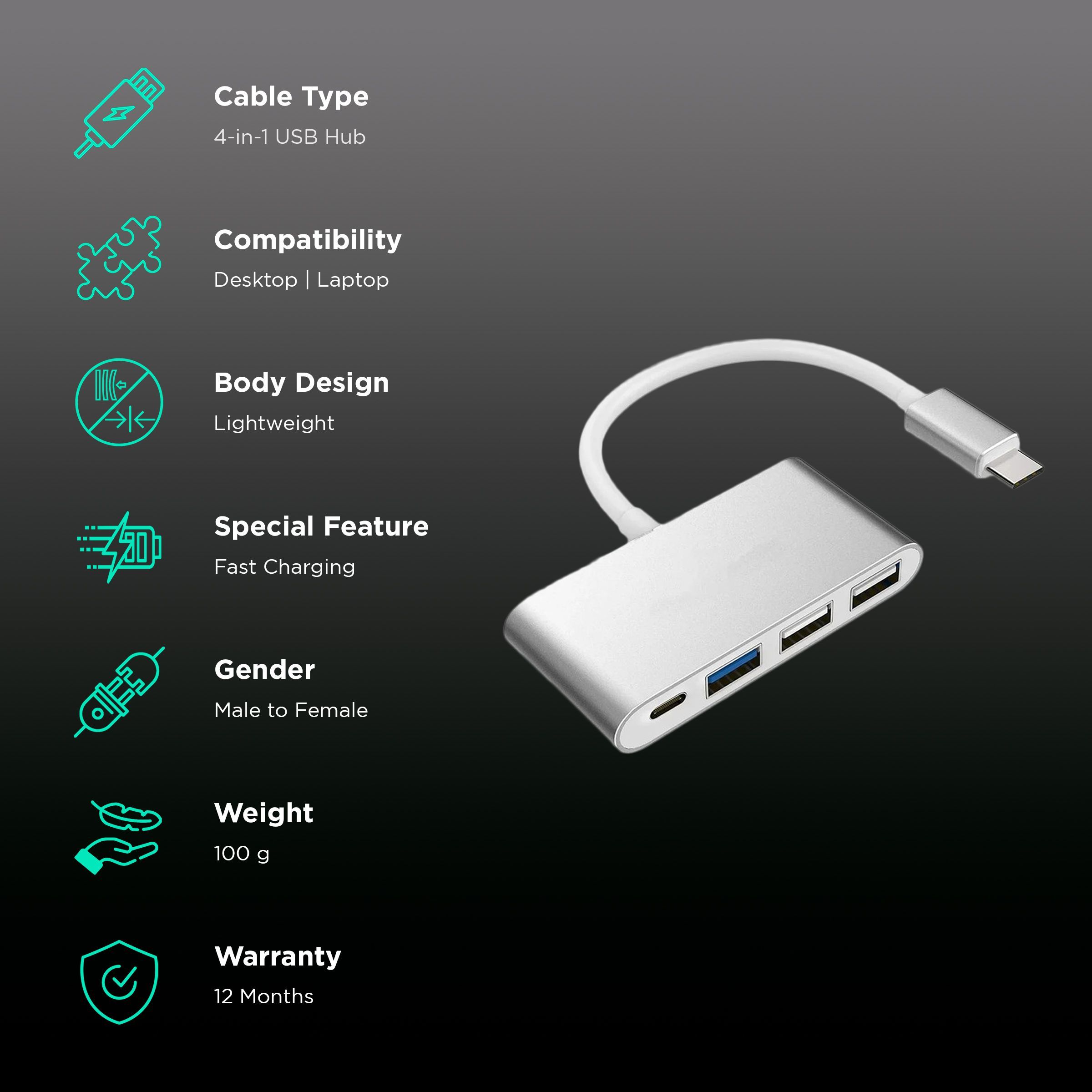 Dr. Vaku Quardo 4-in-1 USB 3.0 Type C to USB 3.0 Type A, USB 2.0 Type A, USB 3.0 Type C USB Hub (5 GbpsData Transfer Rate, Silver)_2