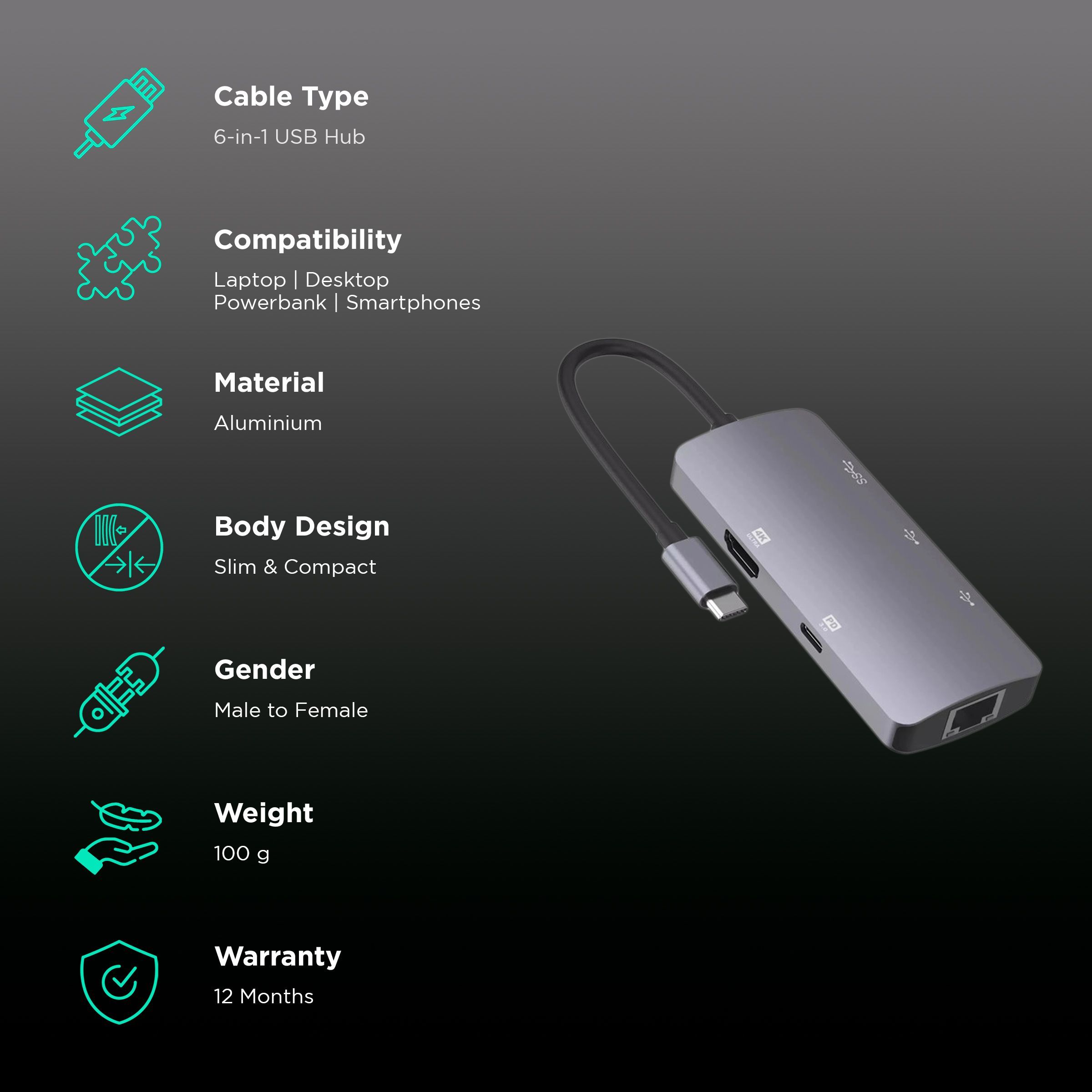 Dr. Vaku Hexon 2.0 6-in-1 USB 3.0 Type C to USB 2.0 Type A, USB 3.0 Type A, USB 3.0 Type C, HDMI Type A, RJ45 USB Hub (5 GbpsData Transfer Rate, Grey)_2