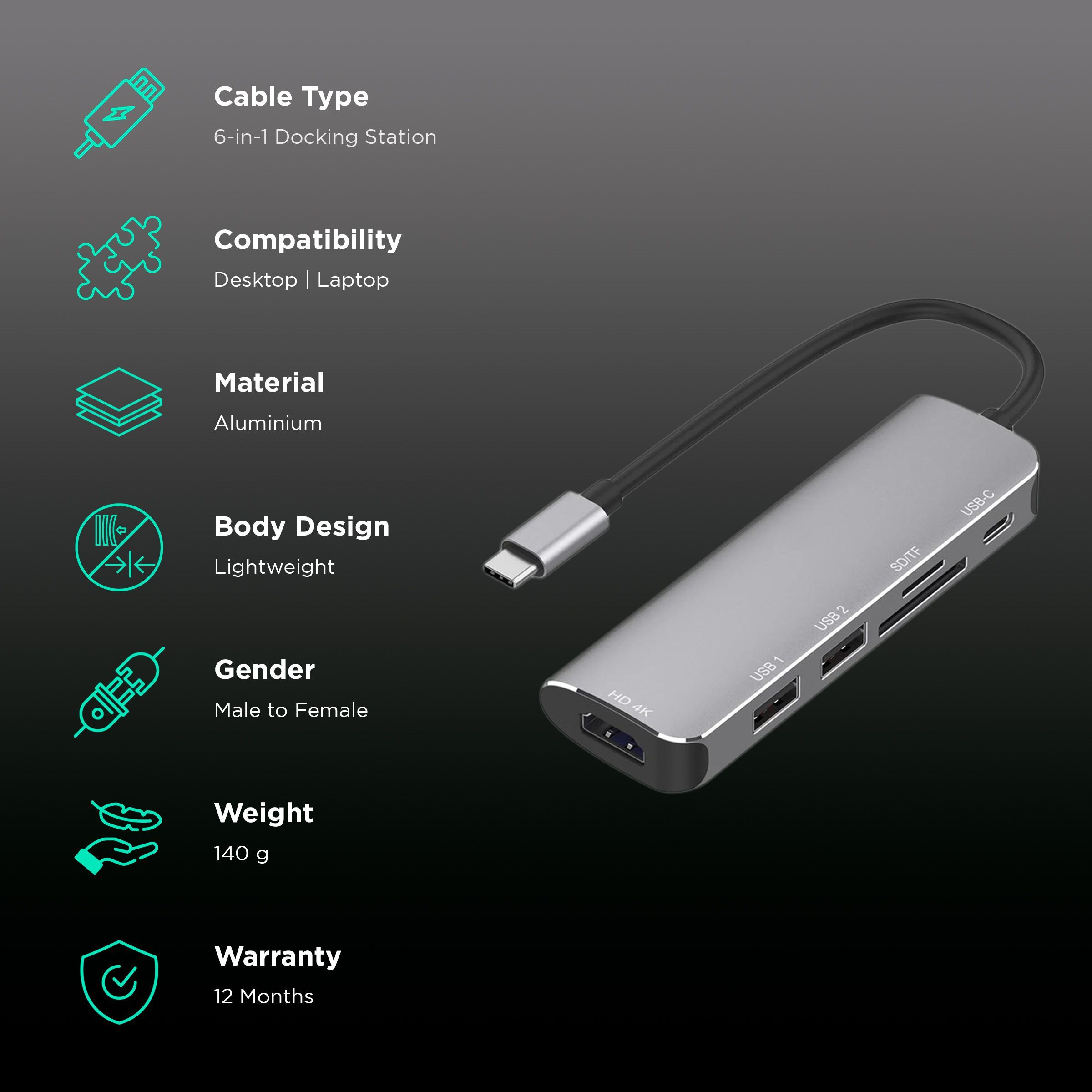 Dr. Vaku Ultron Rage 6-in-1 USB 3.0 Type C to USB Type C, USB 3.0 Type A, HDMI Type A, RJ45, VGA Port Docking Station (Heat Dissipation Technology, Grey)_2