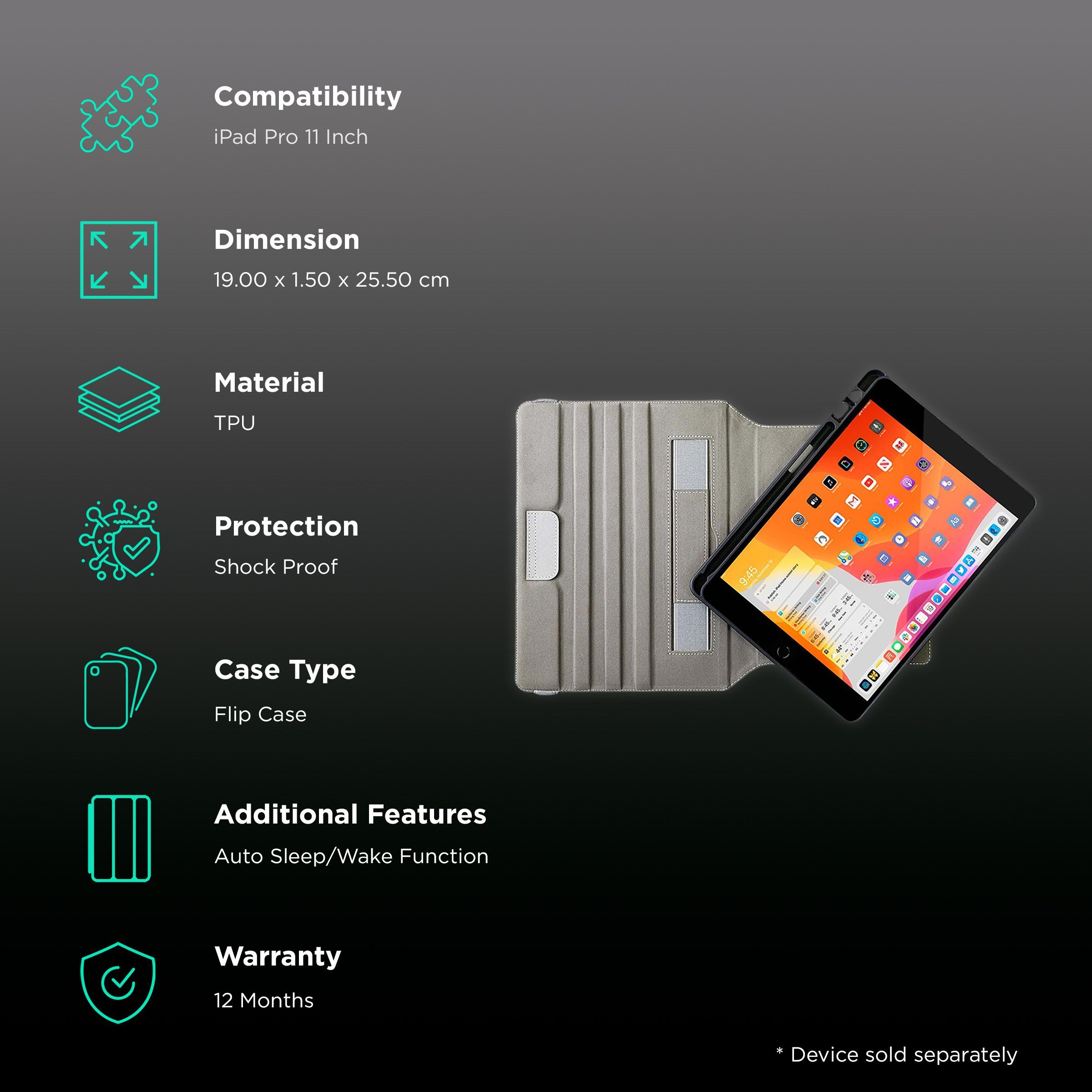 VAKU LUXOS TUNGSTEN TPU Flip Cover for Apple iPad Pro 11 Inch (Built-in Pencil Holder, Black)_2