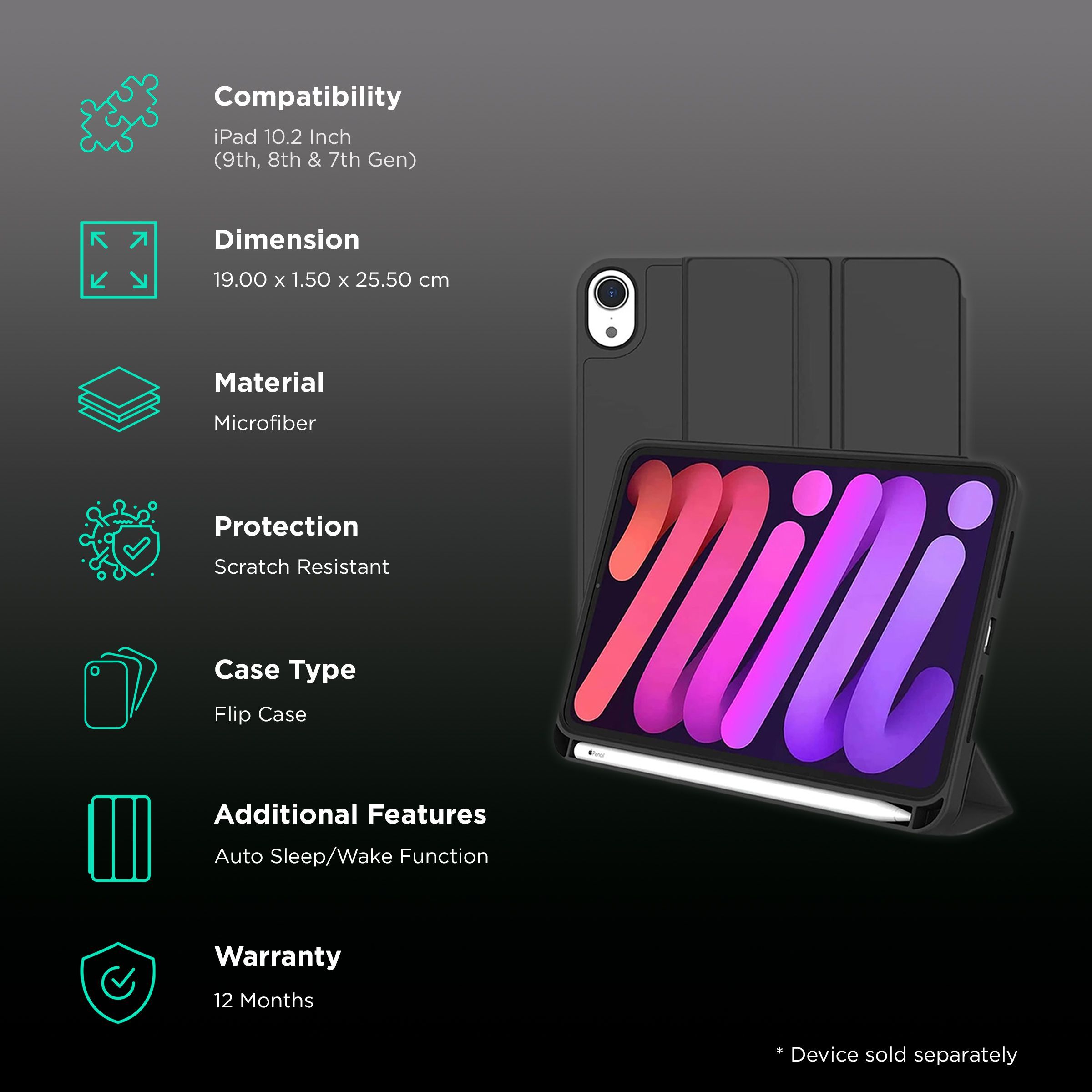 Vaku Stallion Series Microfiber Flip Cover for Apple iPad 10.2 Inch (7th, 8th, 9th Gen) (Built-in Pencil Holder, Black)_2