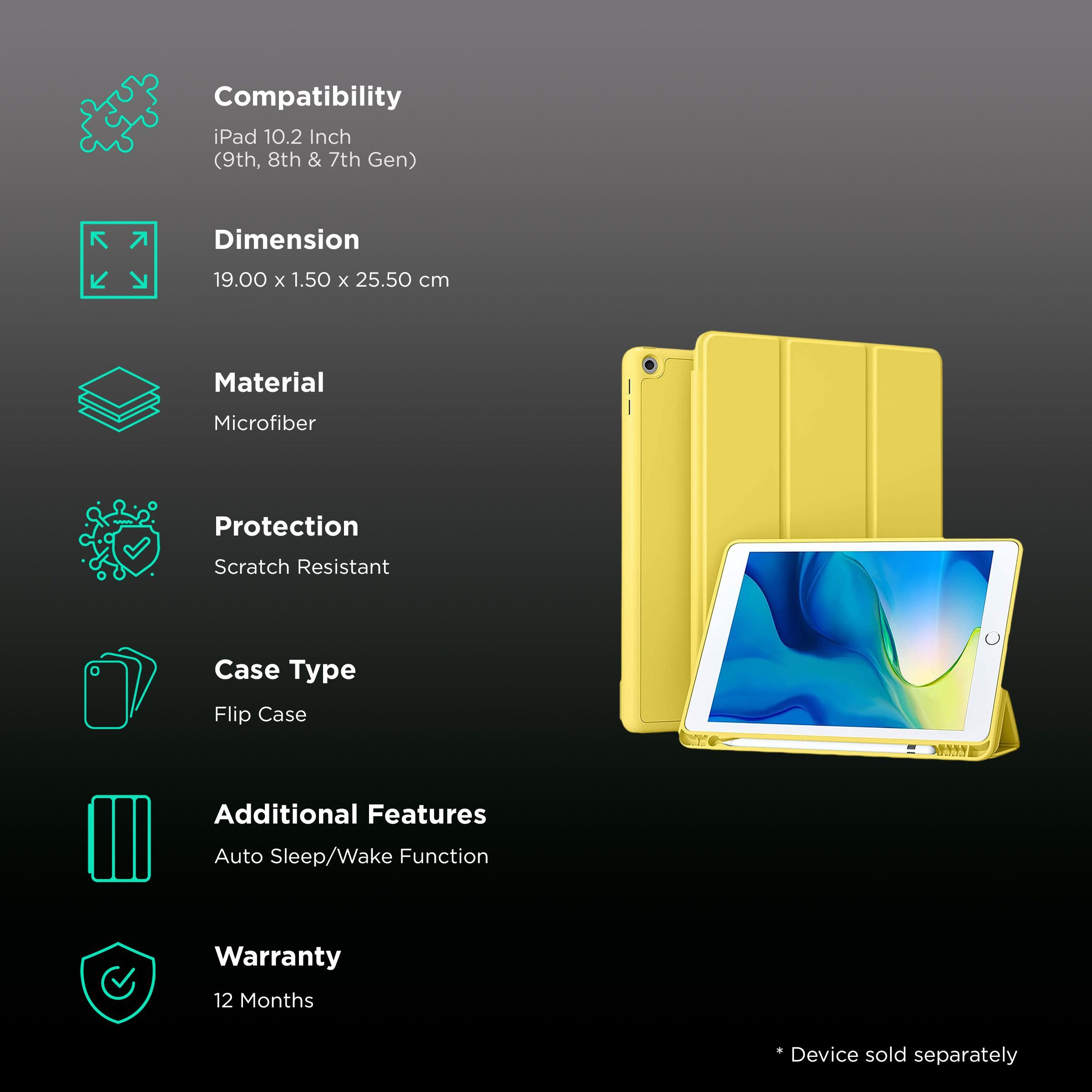 Vaku Stallion Series Microfiber Flip Cover for Apple iPad 10.2 Inch (7th, 8th, 9th Gen) (Built-in Pencil Holder, Yellow)_2