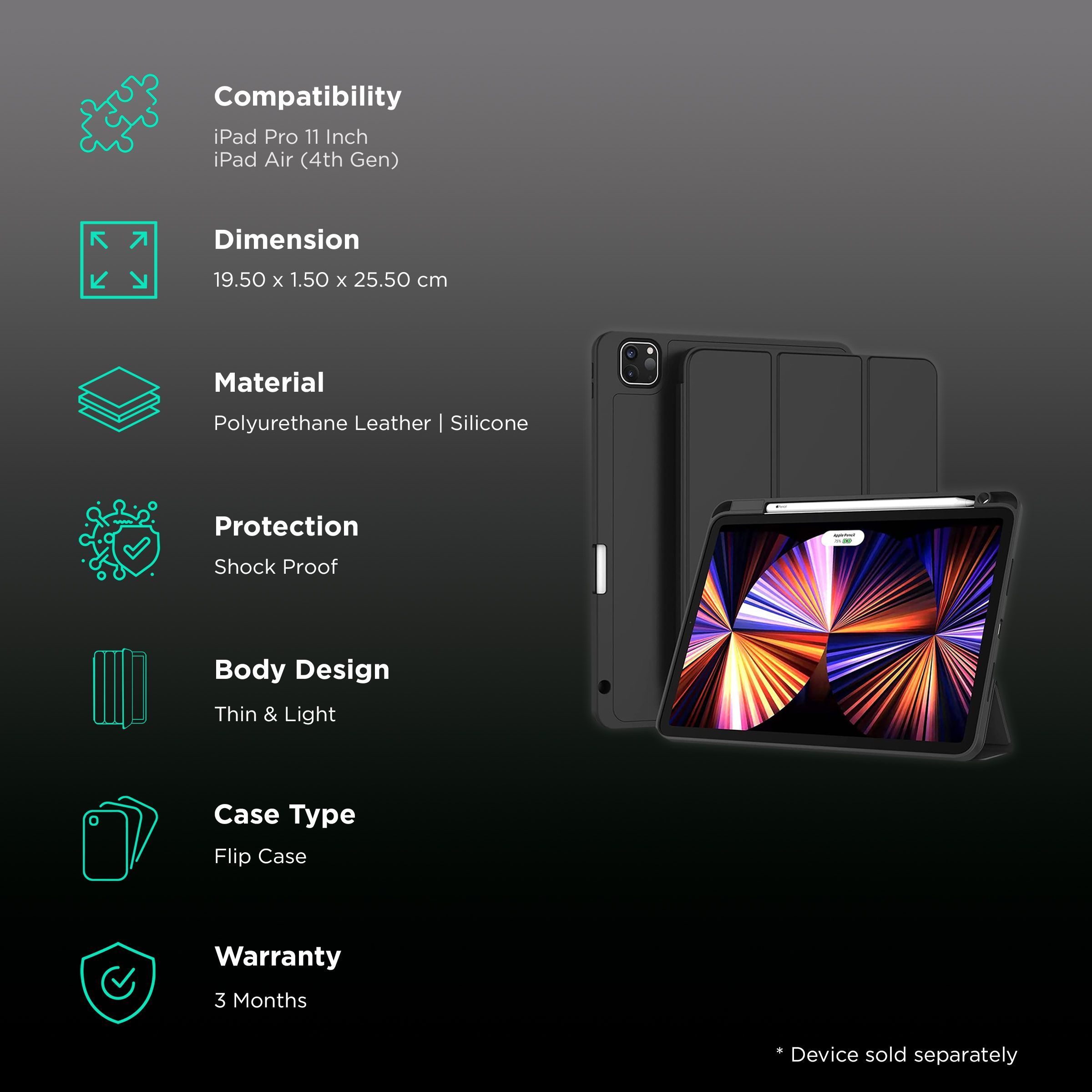 Vaku Stallion Trifold Polyurethane Leather, Silicone Flip Cover for Apple iPad Pro 11 Inch, iPad Air (4th Gen) (Wireless Charging Support, Black)_2