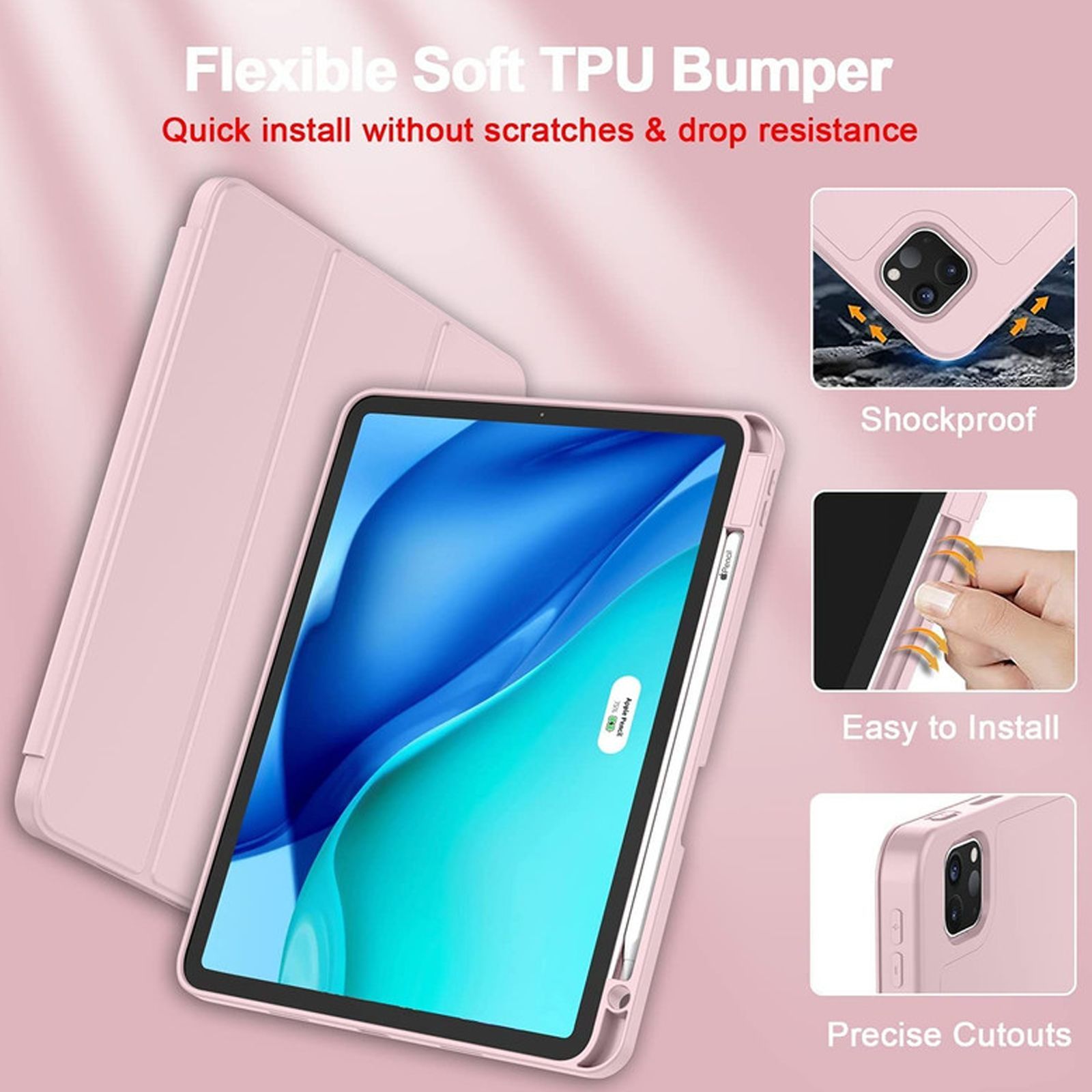 VAKU LUXOS Stallion Trifold Polyurethane Leather, Silicone Flip Cover for Apple iPad Pro 11 Inch, iPad Air (4th Gen) (Wireless Charging Support, Pink)_3