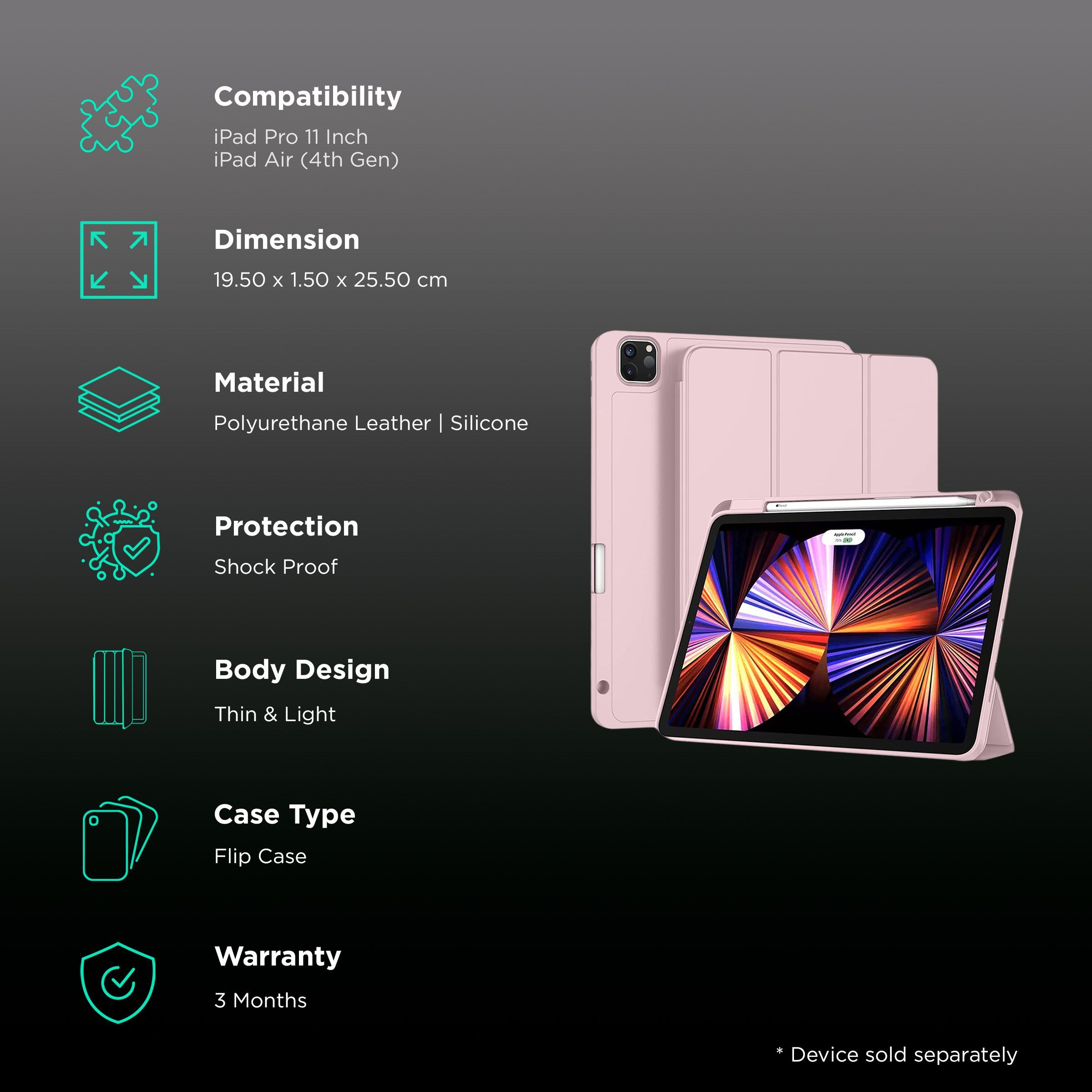 VAKU LUXOS Stallion Trifold Polyurethane Leather, Silicone Flip Cover for Apple iPad Pro 11 Inch, iPad Air (4th Gen) (Wireless Charging Support, Pink)_2