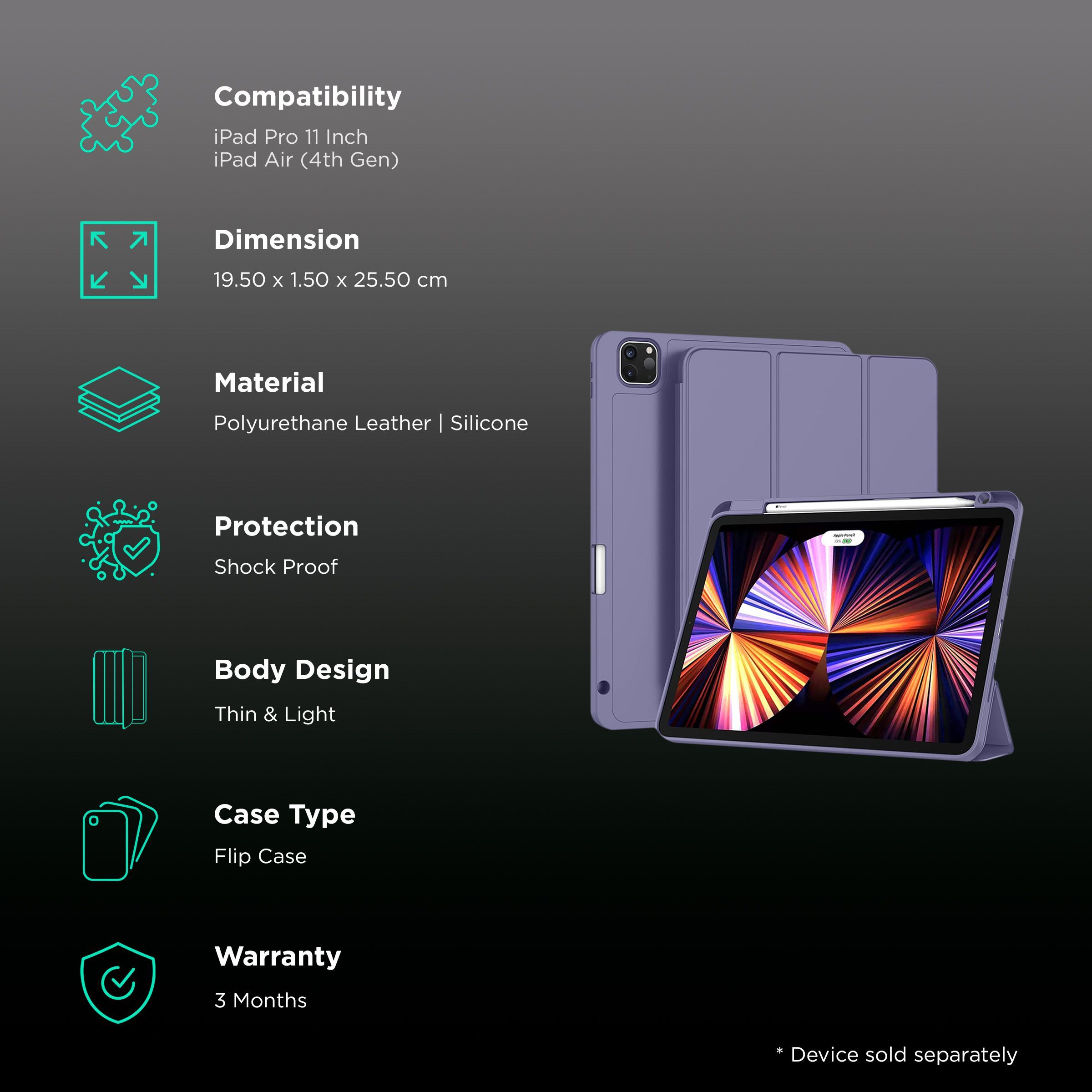 Vaku Stallion Trifold Polyurethane Leather, Silicone Flip Cover for Apple iPad Pro 11 Inch, iPad Air (4th Gen) (Wireless Charging Support, Purple)_2