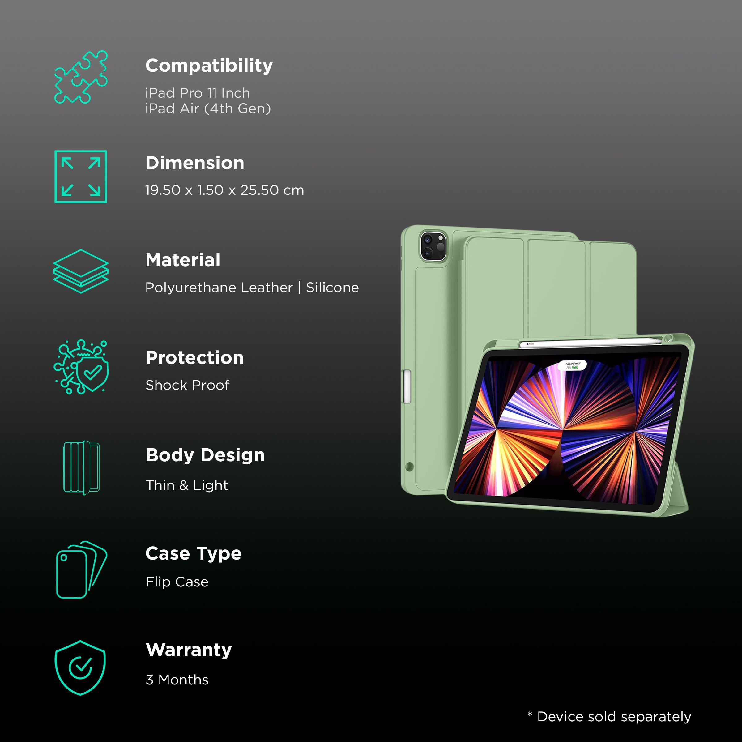 Vaku Stallion Trifold Polyurethane Leather, Silicone Flip Cover for Apple iPad Pro 11 Inch, iPad Air (4th Gen) (Wireless Charging Support, Green)_2