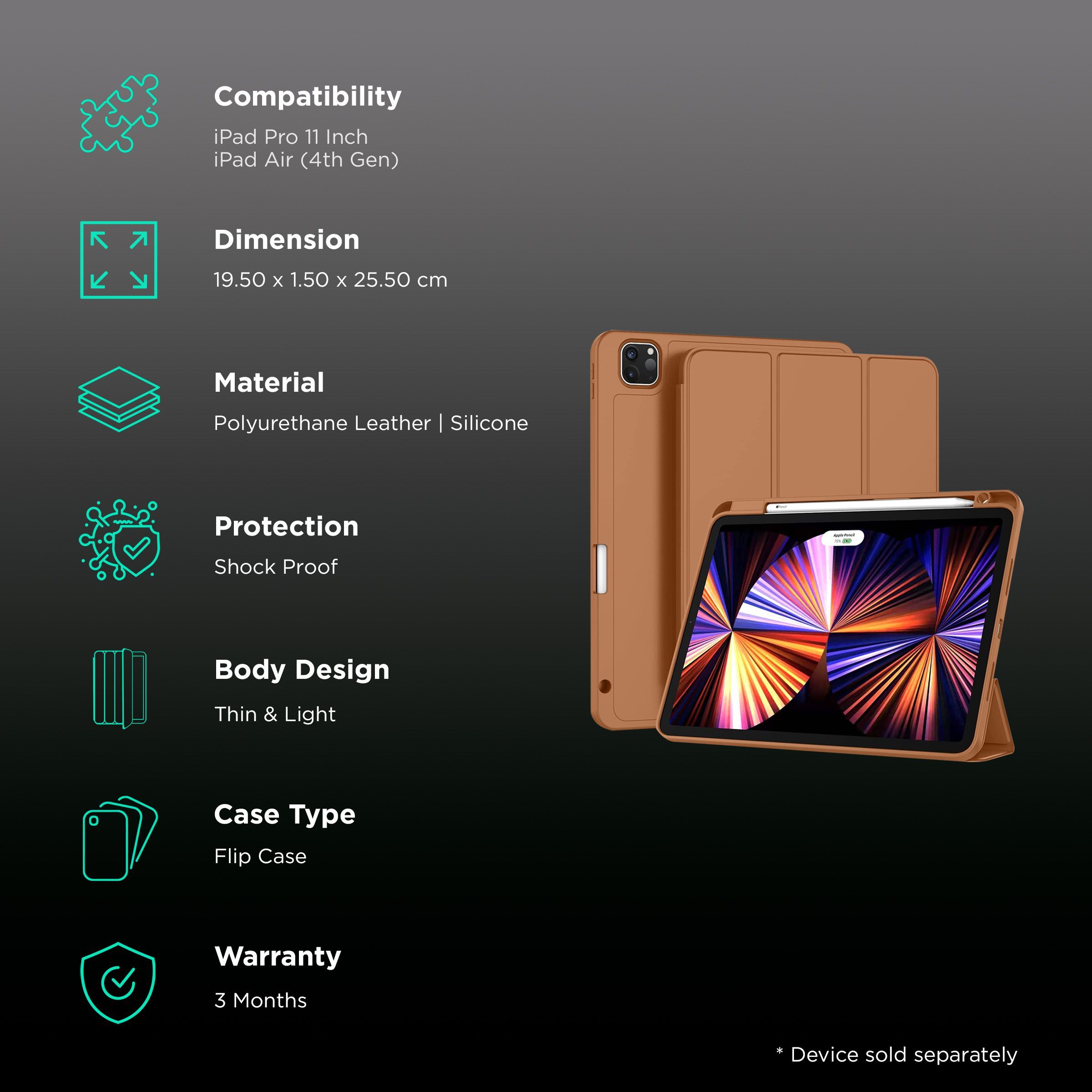 Vaku Stallion Trifold Polyurethane Leather, Silicone Flip Cover for Apple iPad Pro 11 Inch, iPad Air (4th Gen) (Wireless Charging Support, Brown)_2