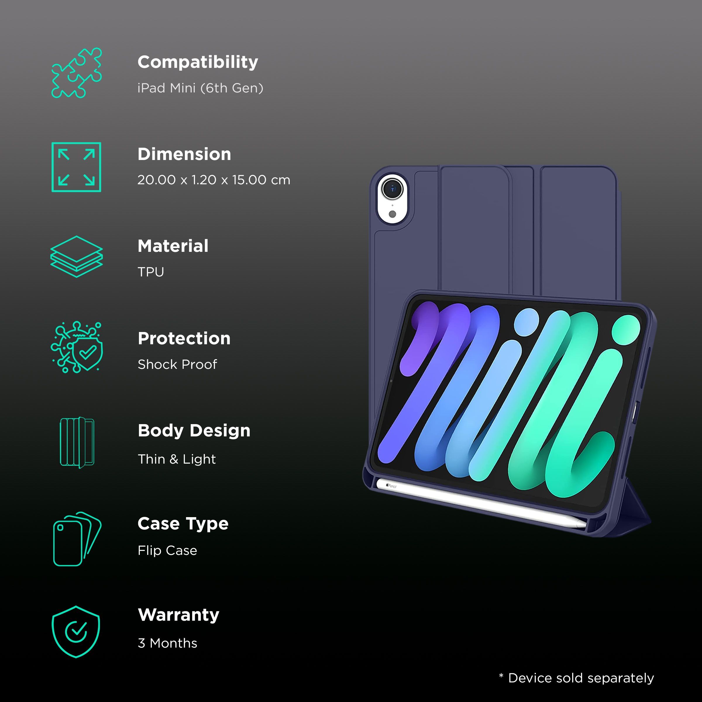 Vaku Stallion Trifold TPU Flip Cover for Apple iPad Mini (6th Gen) (Wireless Charging Support, Blue)_2