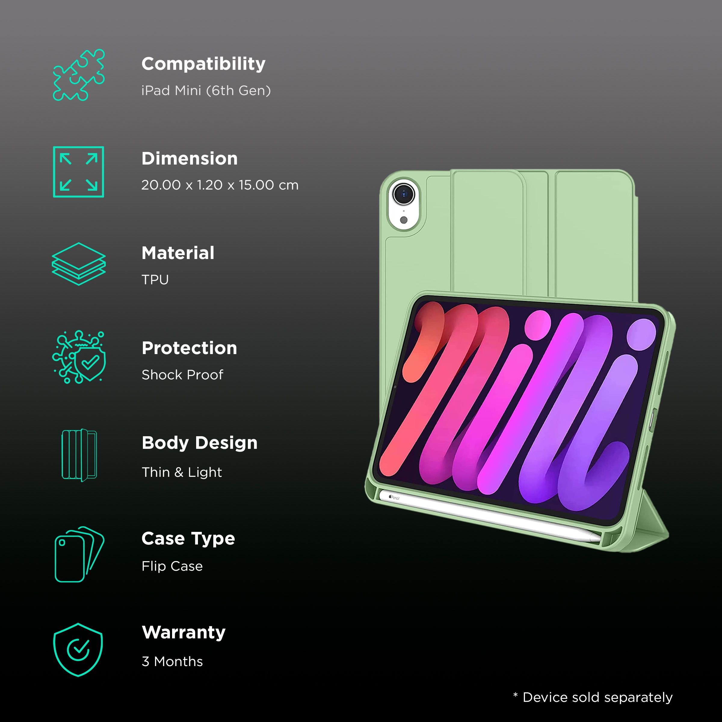 Vaku Stallion Trifold TPU Flip Cover for Apple iPad Mini (6th Gen) (Wireless Charging Support, Green)_2