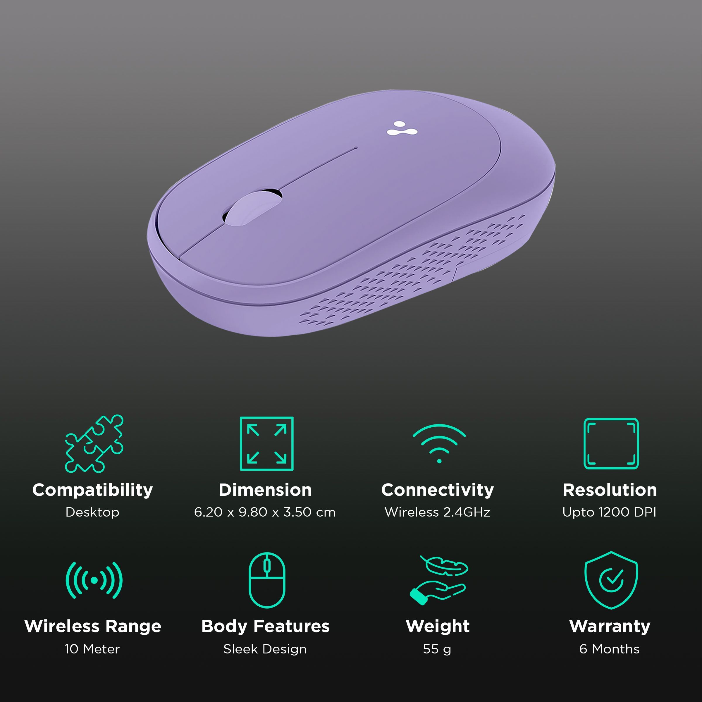 ambrane SliQ Wireless Optical Mouse with Silent Click Buttons (1200 DPI, Sleek Design, Purple)_2