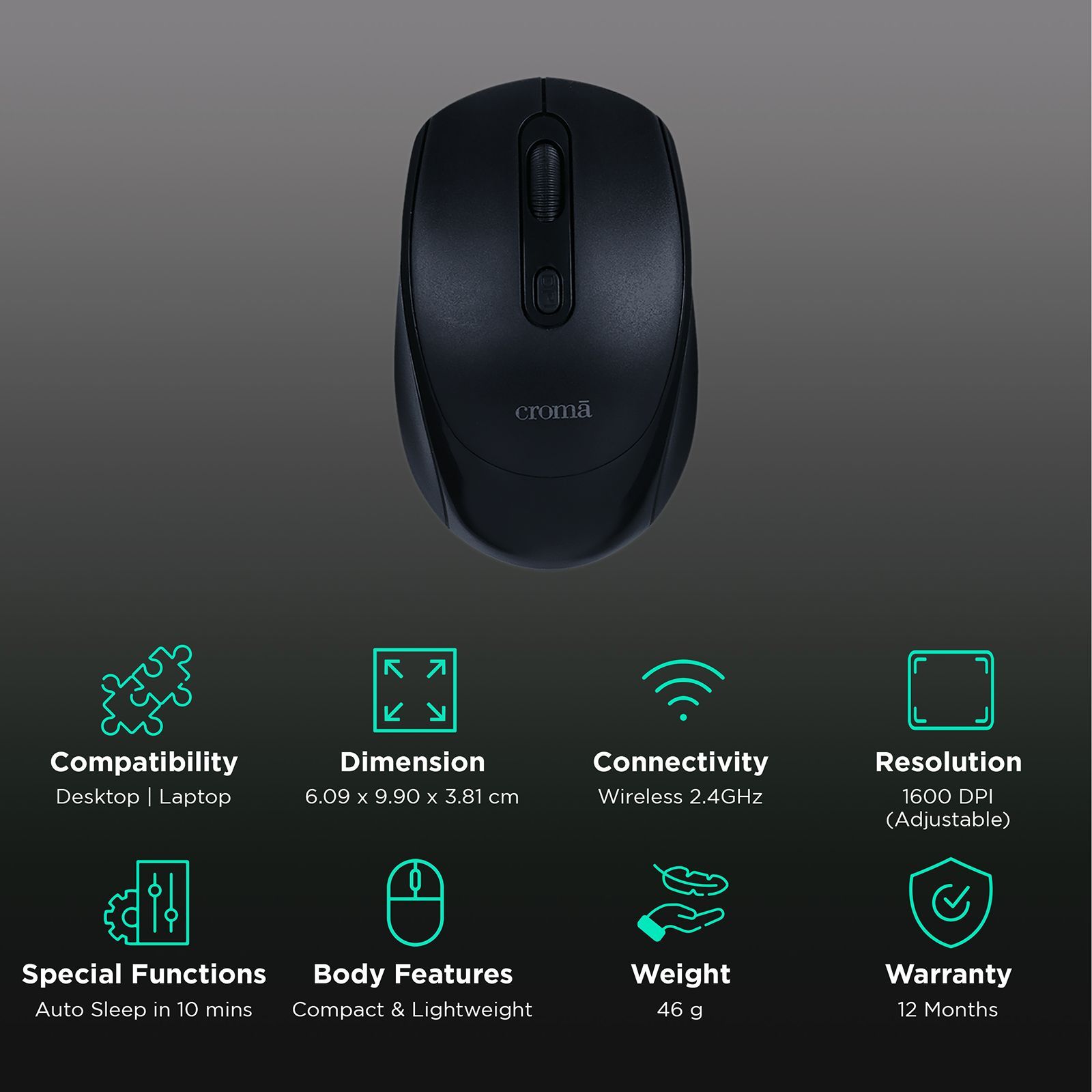 Croma 2.4 GHz Wireless Optical Mouse (Variable DPI Up to 1600, Compact & Lightweight Design, Black)_2