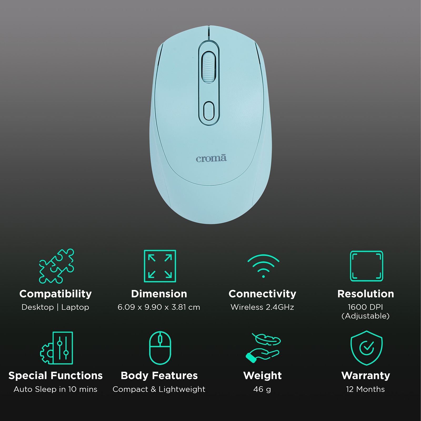 Croma Wireless Optical Mouse (1600 DPI, Compact & Lightweight Design, Blue)_2