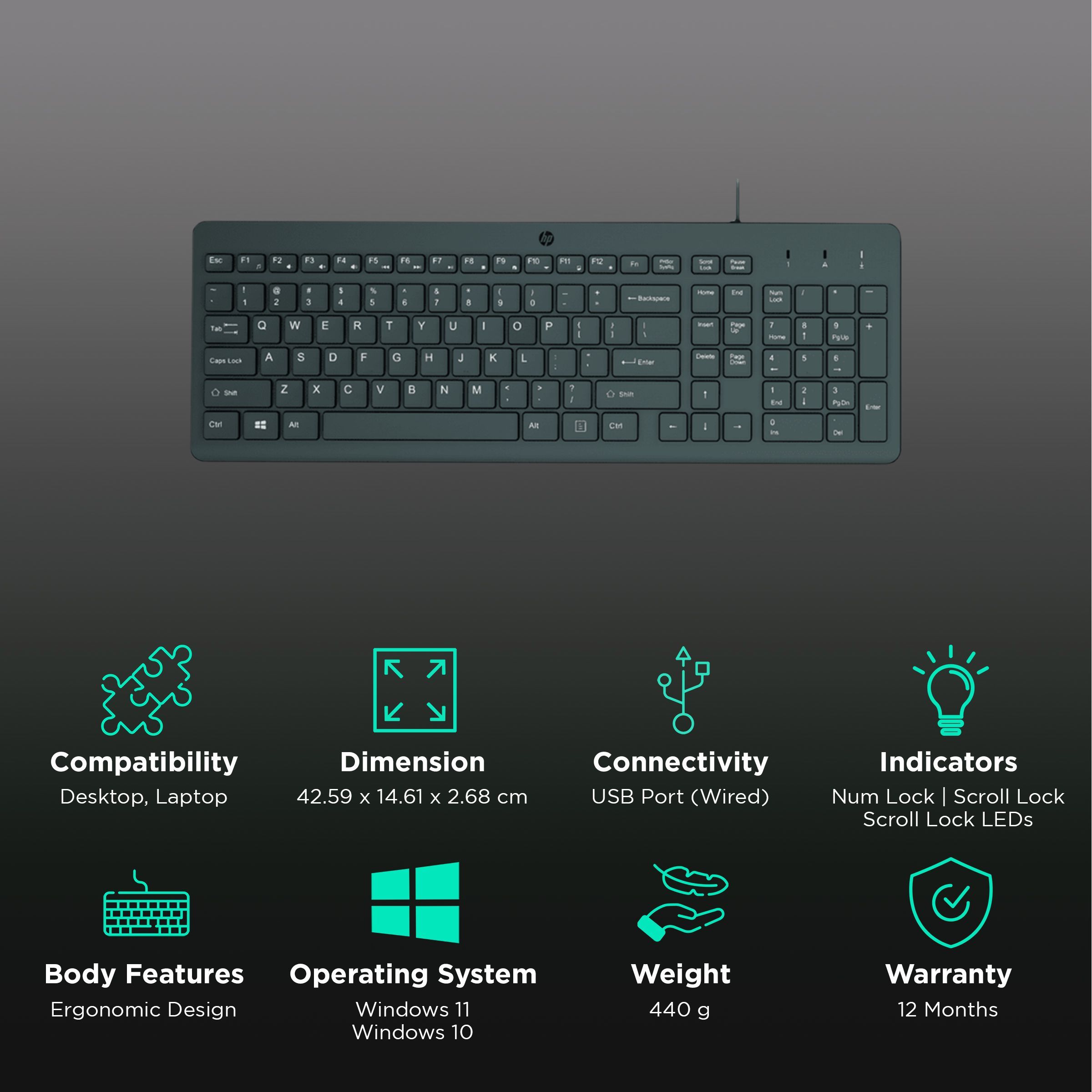 HP 150 Wired Keyboard with 12 Fn Shortcut Keys (Plug & Play, Black)_2