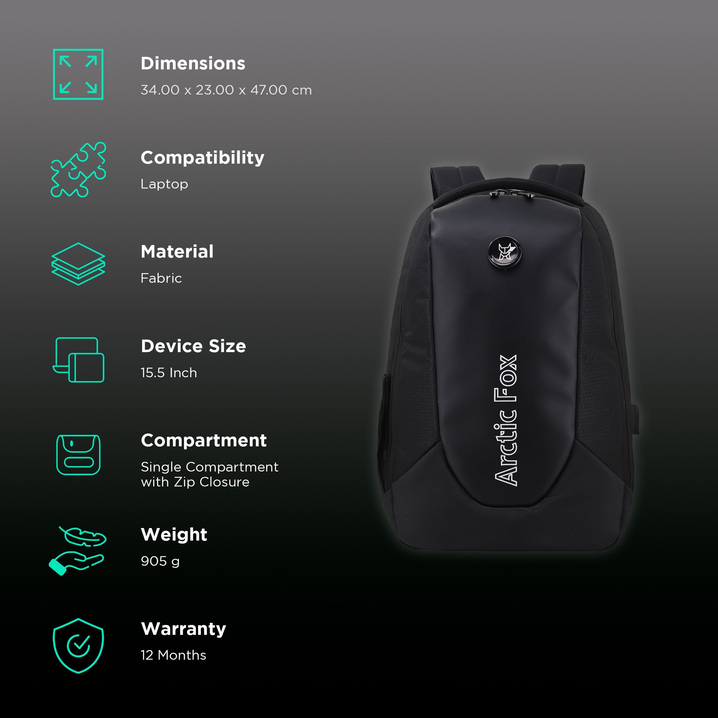 Arctic Fox New Anti-Theft Alarm Polyester Laptop Backpack for 15.5 Inch Laptop (36 L, Water Repellent Fabric, Black)_2