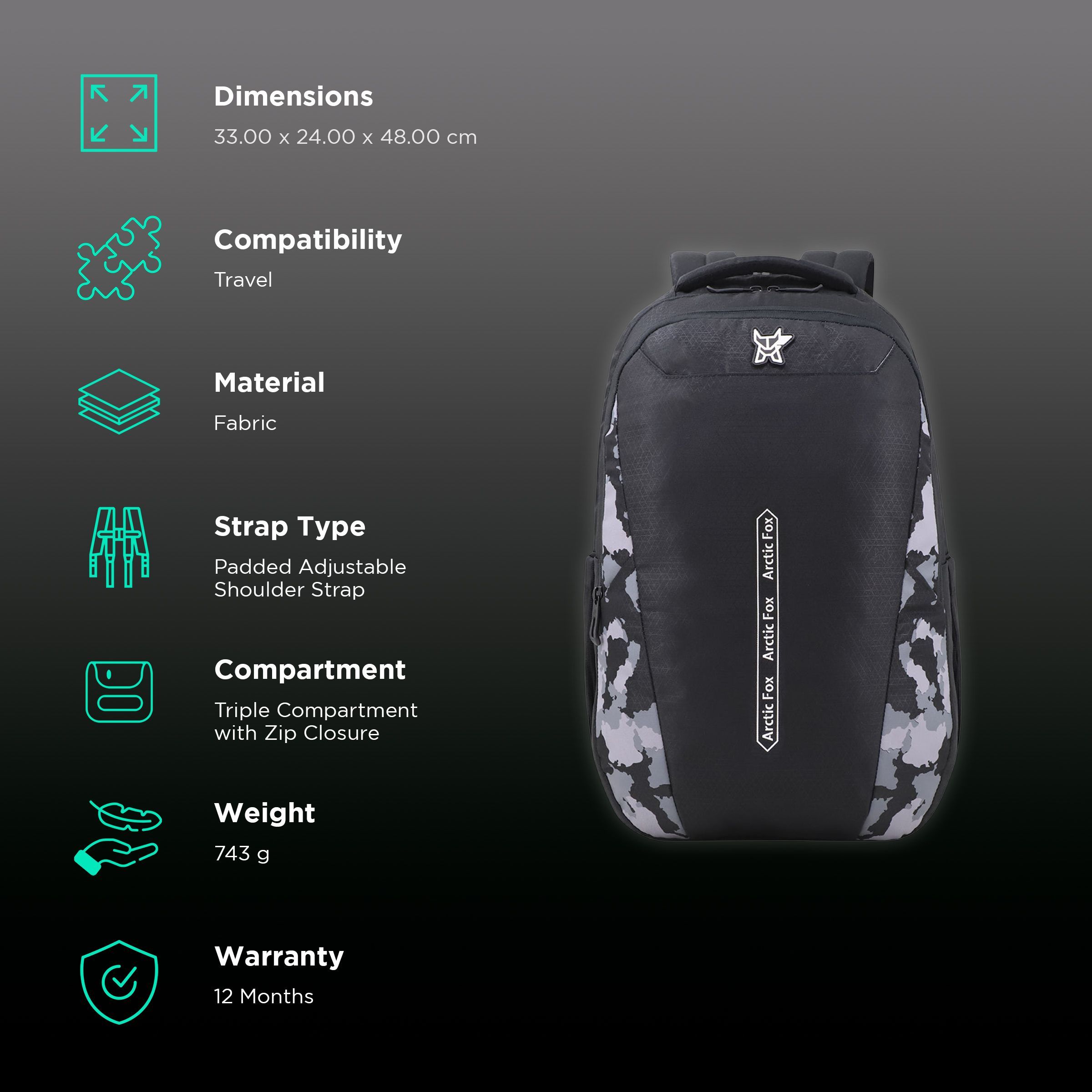 Arctic Fox Dare 38 Litres Fabric Backpack (Rain Cover, FTEBPKBLKWW054038, Black)_2