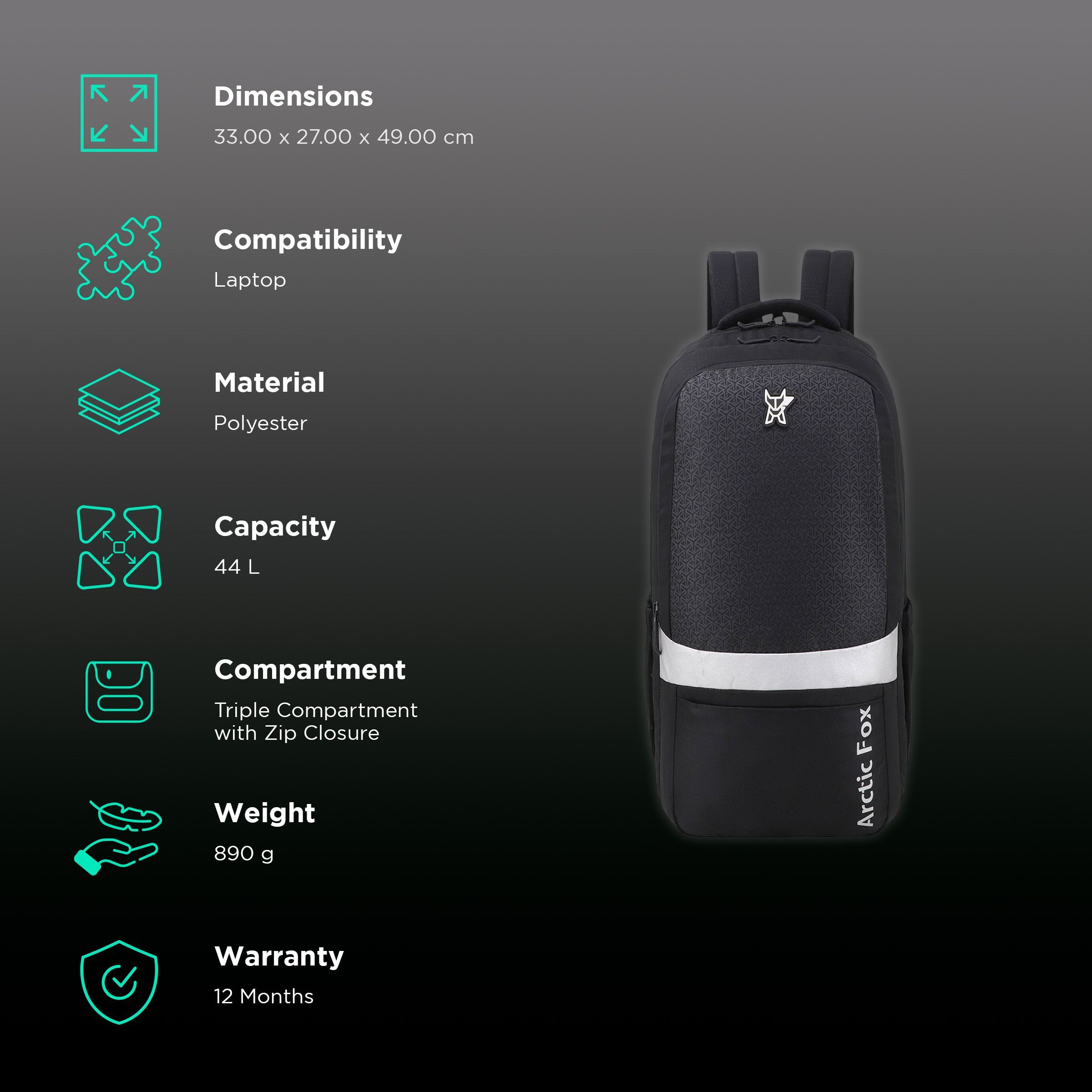 Arctic Fox Merit Polyester, Fabric Laptop Backpack for 15 Inch Laptop (44 L, Water Repellent, Black)_2