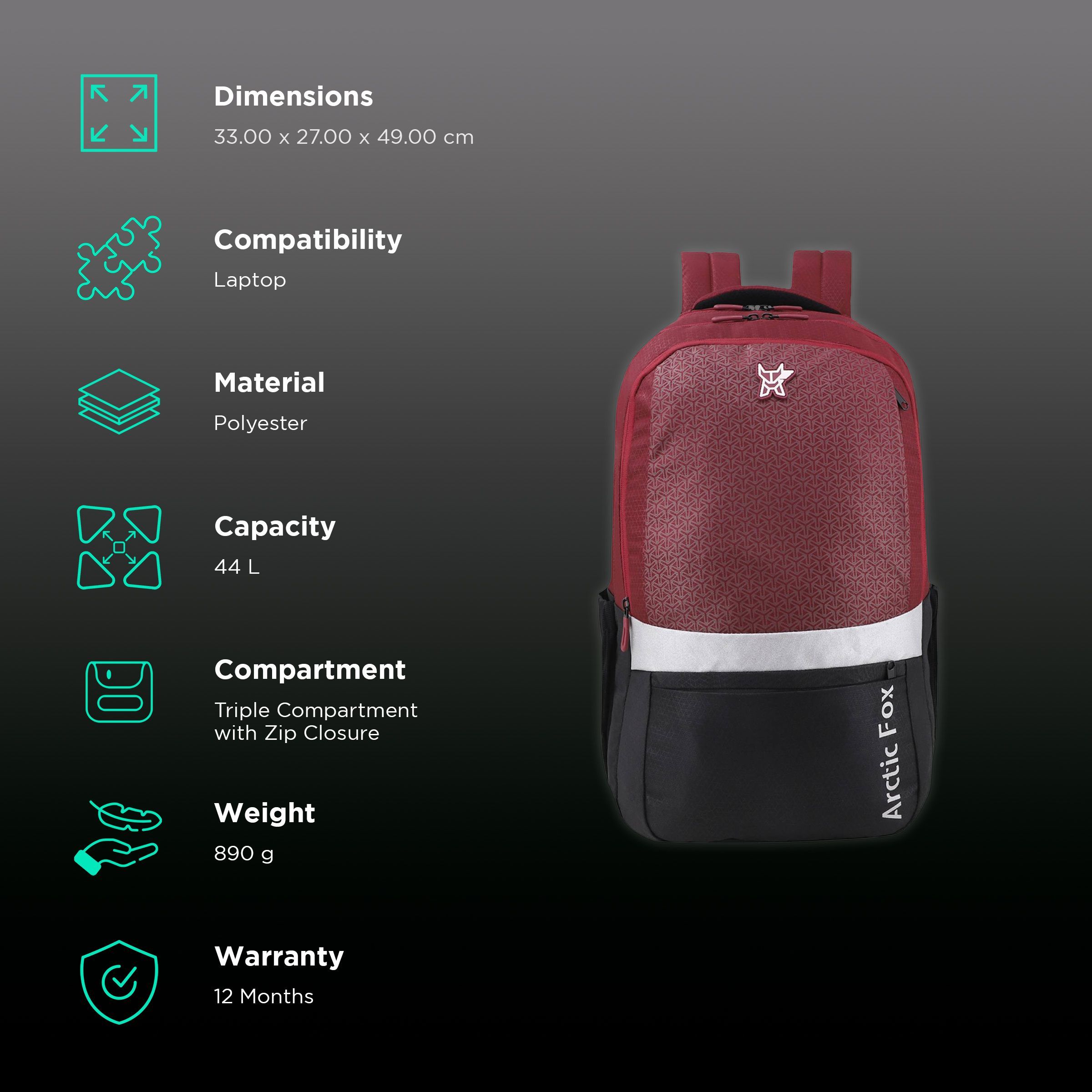 Arctic Fox Merit Polyester, Fabric Laptop Backpack for 15 Inch Laptop (44 L, Water Repellent, Maroon) Arctic Fox Merit Polyester, Fabric Laptop Backpack for 15 Inch Laptop (44 L, Water Repellent, Maroon)_2