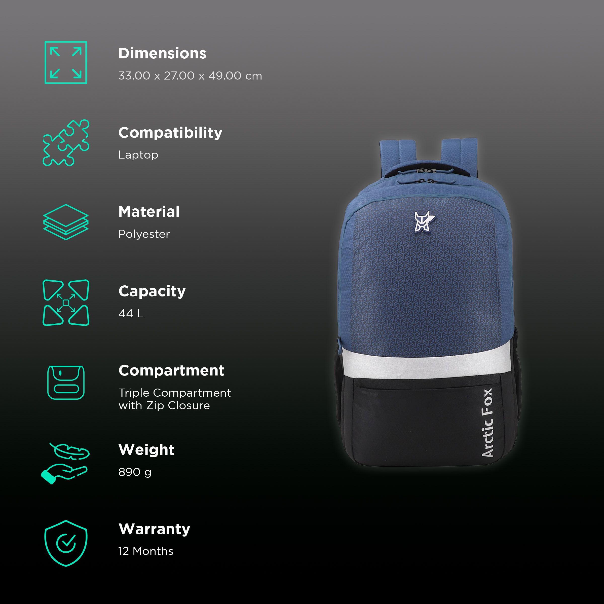 Arctic Fox Merit Polyester, Fabric Laptop Backpack for 15 Inch Laptop (44 L, Water Repellent, Dark Denim)_2