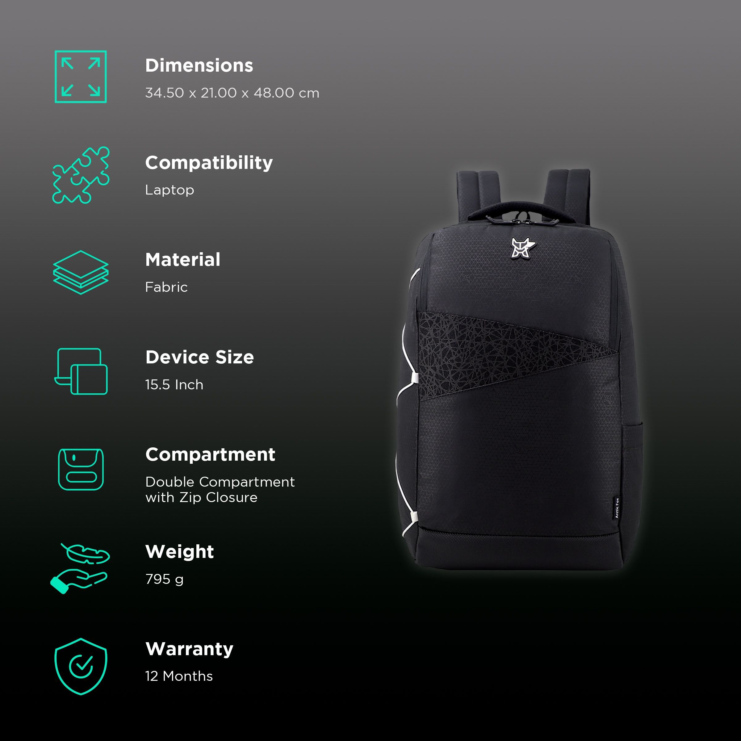 Arctic Fox Stunt Polyester Laptop Backpack for 15.5 Inch Laptop (35 L, Water Repellent Fabric, Black)_2