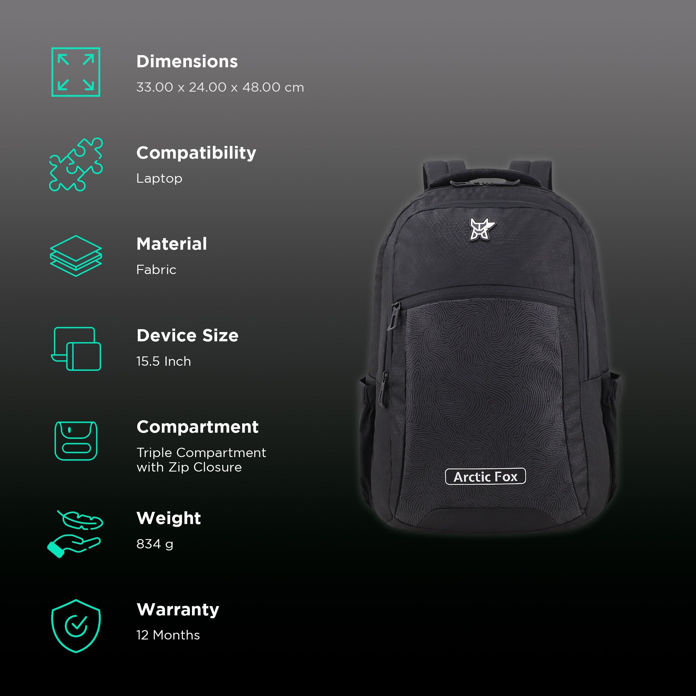 Arctic Fox Trace Polyester Laptop Backpack for 15.5 Inch Laptop (38 L, Water Repellent Fabric, Black)_2