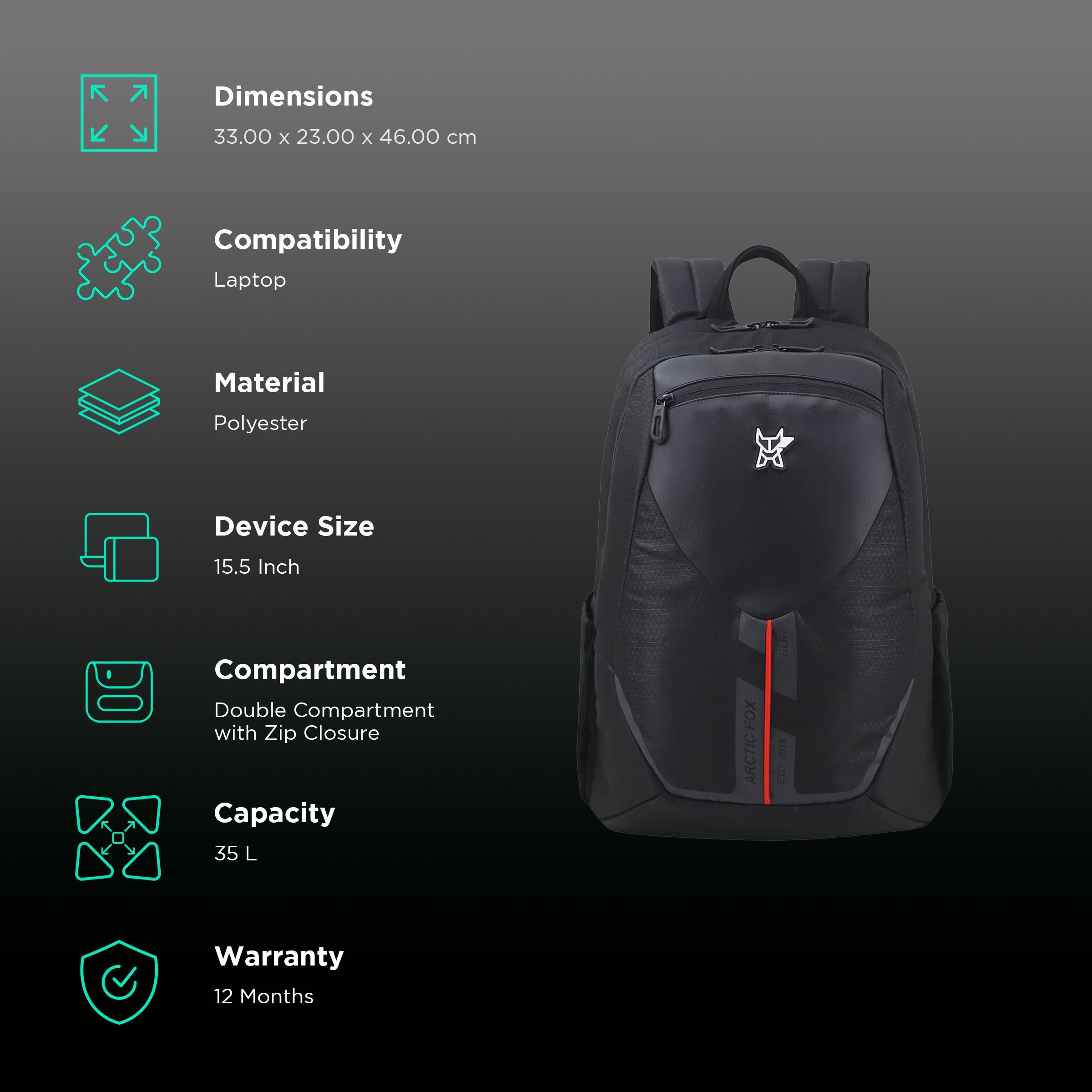 Arctic Fox Honor Polyester Laptop Backpack for 15.5 Inch Laptop (35 L, Water Repellent Fabric, Black)_2