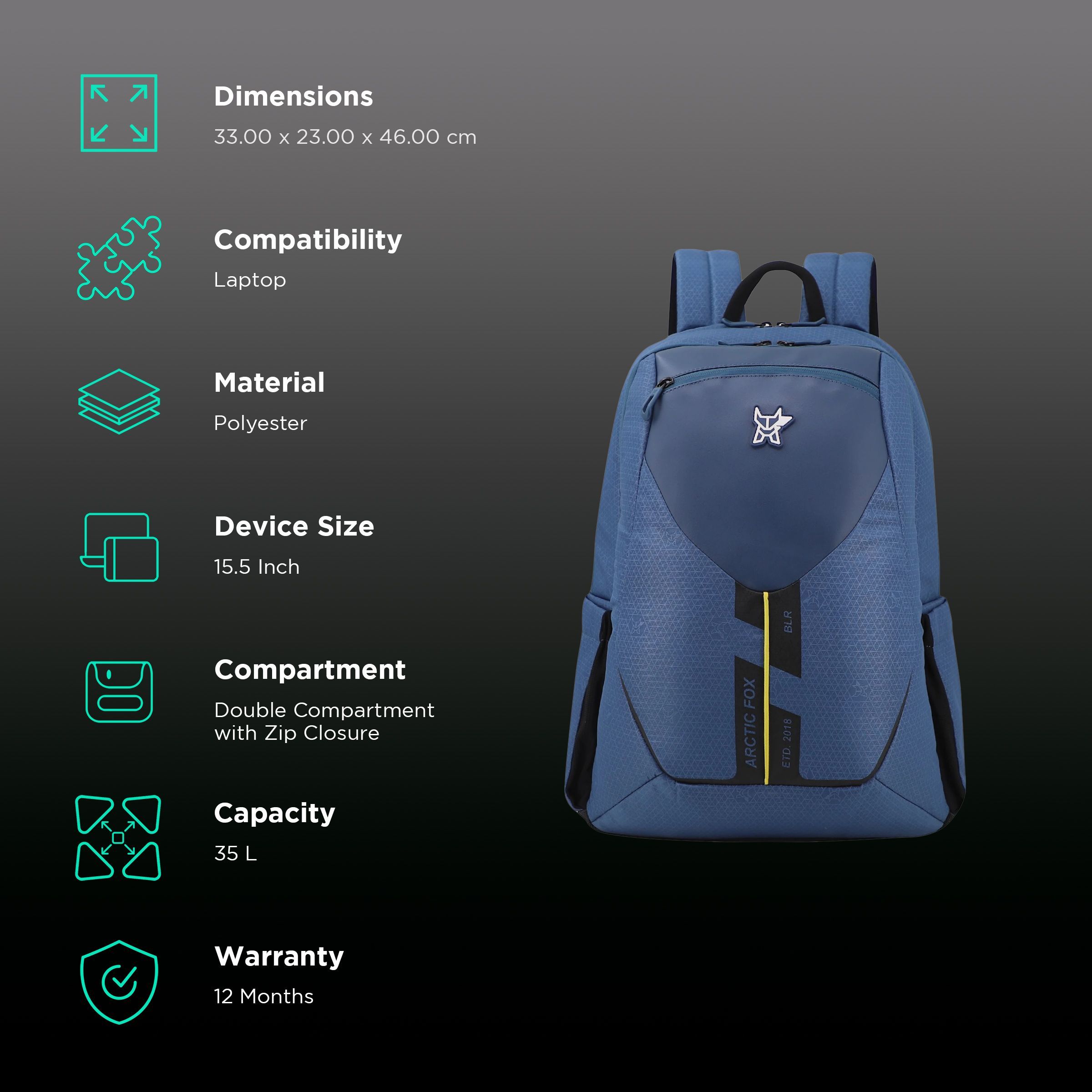 Arctic Fox Honor Polyester Laptop Backpack for 15.5 Inch Laptop (35 L, Adjustable Straps, Dark Denim)_2