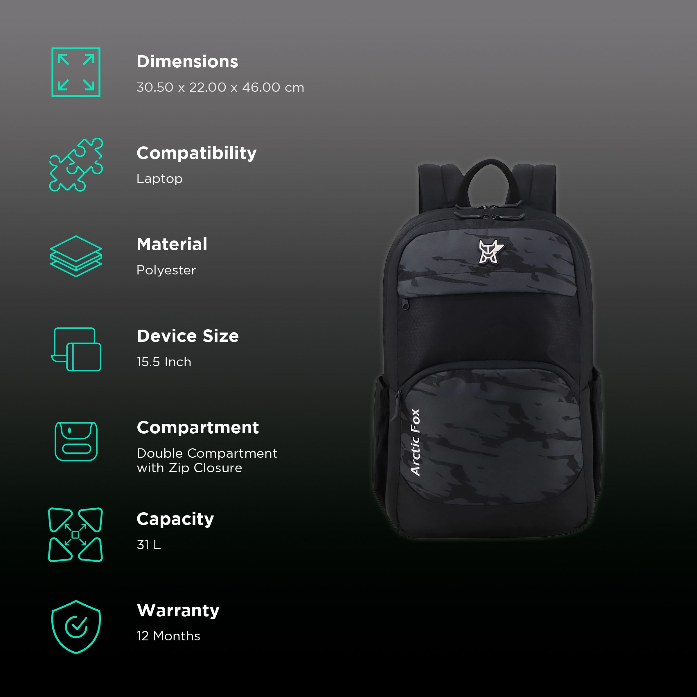 Arctic Fox Troop Polyester Laptop Backpack for 15.5 Inch Laptop (31 L, Padded Shoulder Strap, Black)_2