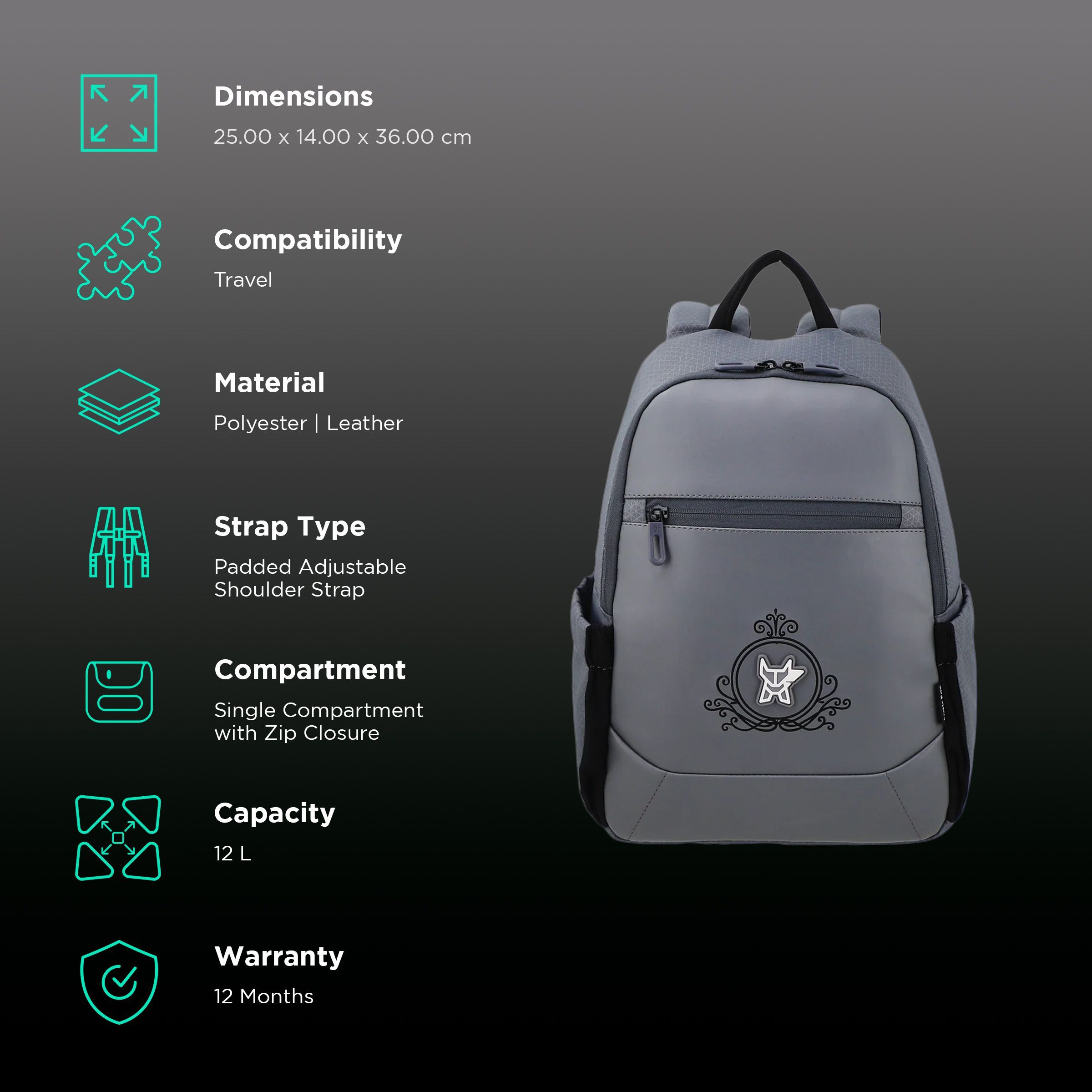 Arctic Fox Royal 12 Litres Polyester and Leather Backpack (Spacious Padded Compartment, FTEBPKCRKWW088012, Castel Rock)_2