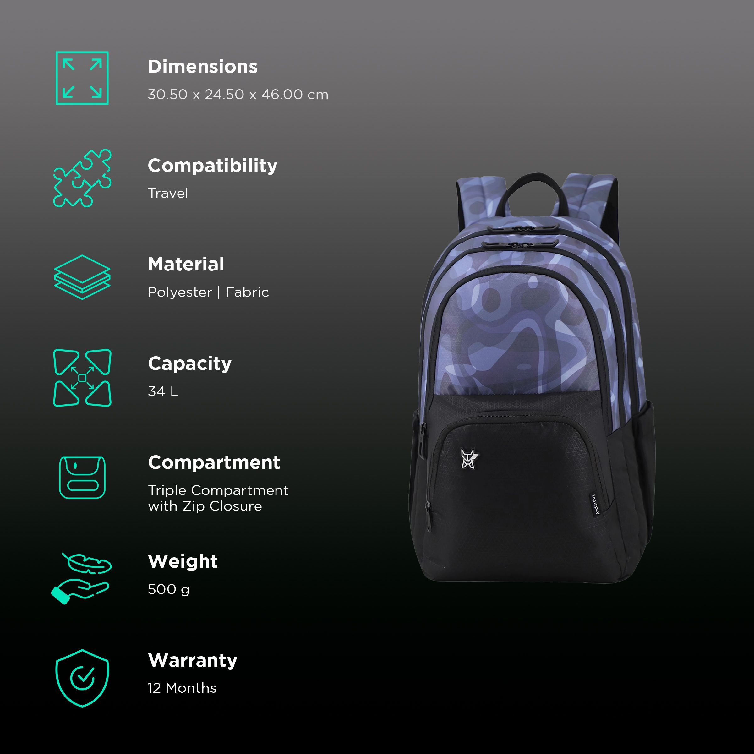 Arctic Fox Dope 34 Litres 500D Plain Polyester and 600D Fabric Backpack (Water Bottle Pouch, FJUBPKGRYWW100034, Grey)_2