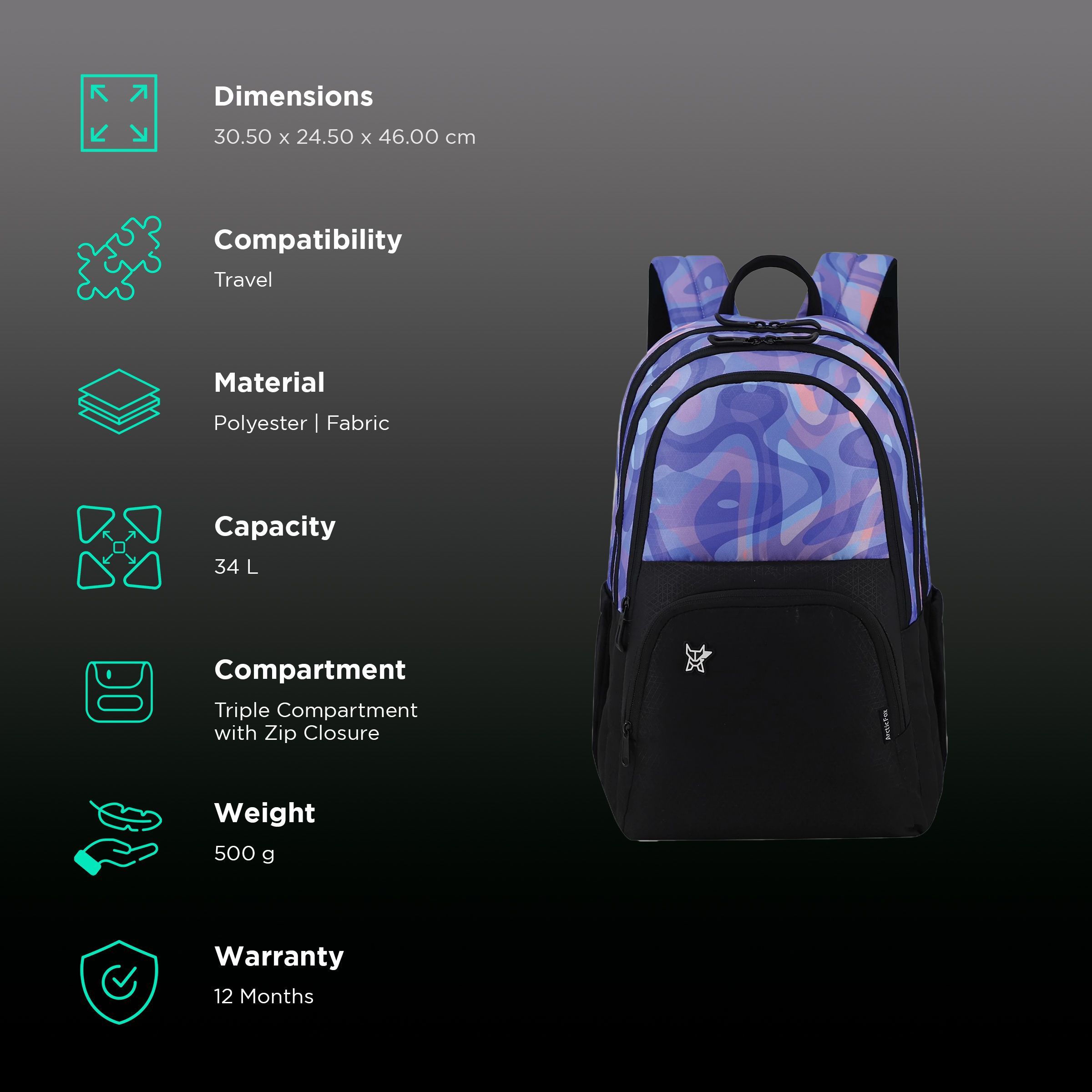 Arctic Fox Dopee 34 Litres Polyester Backpack (Padded Shoulder Strap, FJUBPKNVYWW103034, Navy Blue)_2